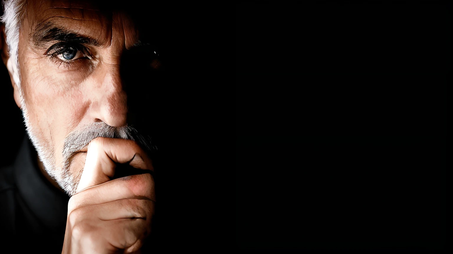 um close up de um homem com barba e camisa preta, discreto, Terence Stamp, foto realista, foto de retrato, hand over mouth, Terence Stamp, close - foto retrato acima, discreto, papel de parede hd, papel de parede de alta qualidade, Background Story ( Escuro _ smoke billowing; ), Close Up foto retrato,Terence Stamp, com um fundo escuro preto