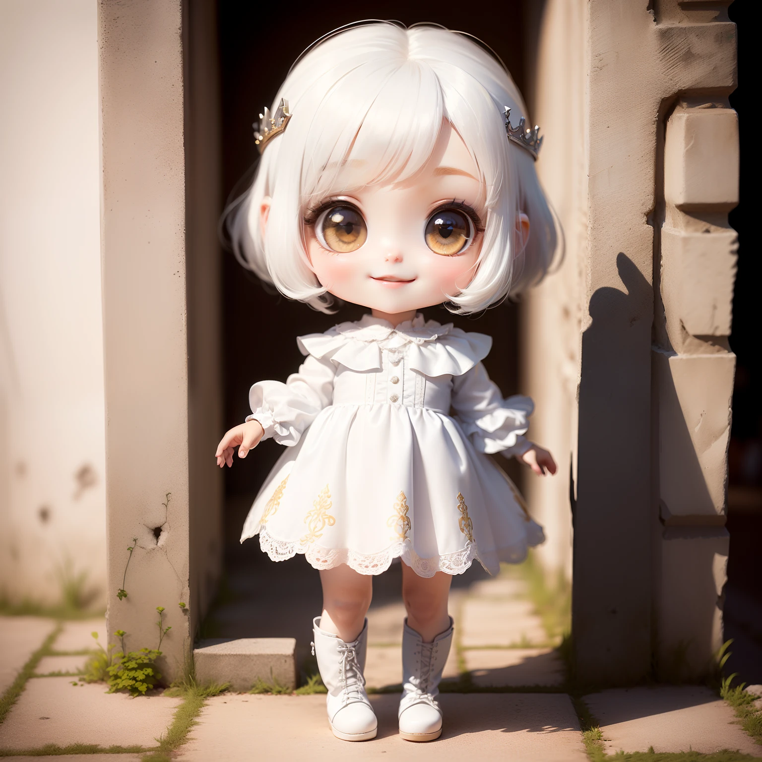 Cute Baby Chibi Anime、(((Chibisud)） (top-quality),(masutepiece)、white  hair、Chibi Model、a small face、White princess dress、Bojnice Castle in Bojnice, Slovakia、A detailed face、a small face、Detailed details、Open your mouth and smile、Laced boots、Standing