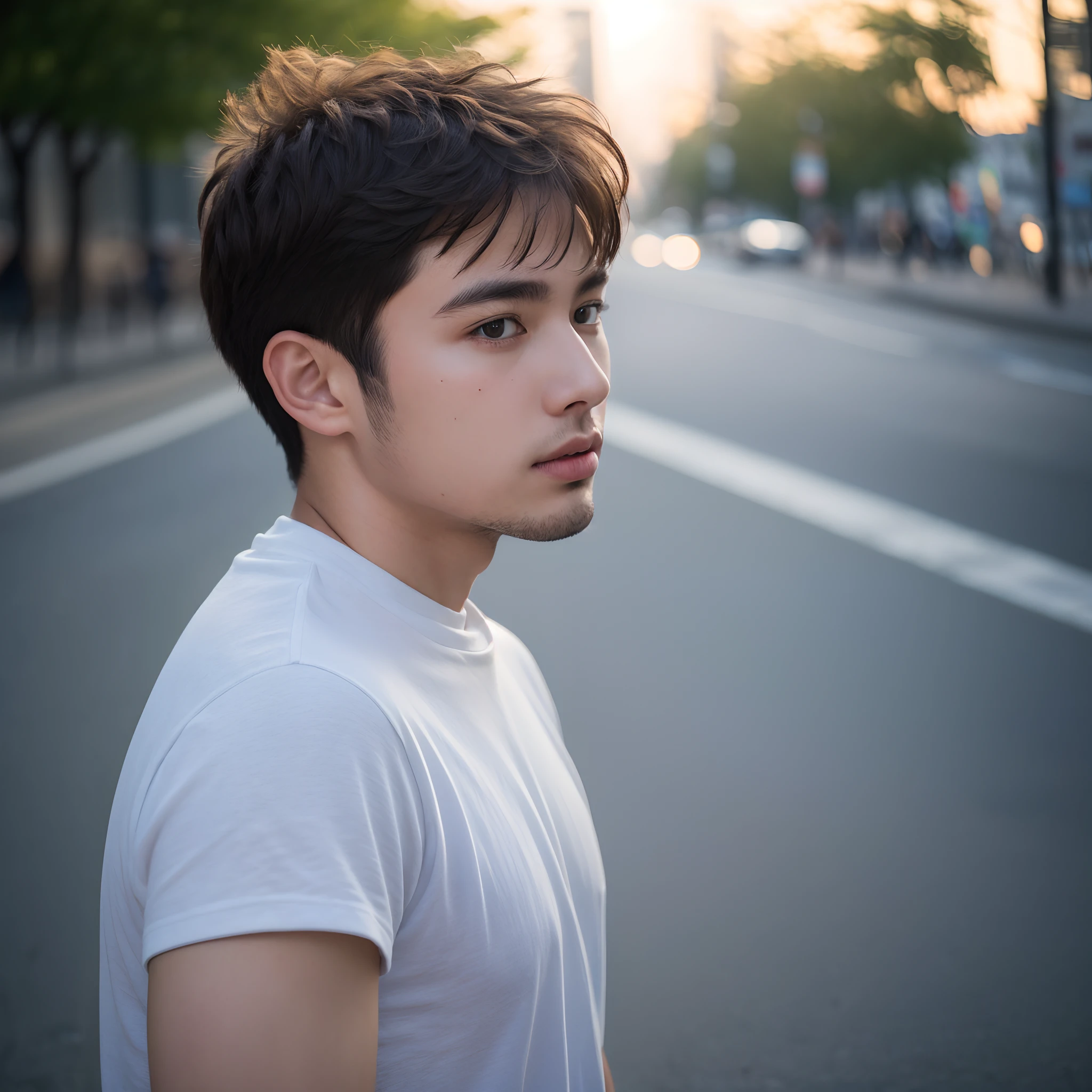 Raw photography, 1boy, Male Focus, Topless young man, hair messy, Looking at Viewer, in a street, Beautiful lighting, deepshadow, Best Quality, masutepiece, Ultra-high resolution, Photorealsitic, Blurry background、white t-shirts、Upper body 0.5，vividness, ((​masterpiece, top-quality, ultra-detailliert, ciinematic light, intricate detailes, hight resolution, 8k, ighly detailed)),detailedbackground, 8k UHD, Digital SLR, Soft lighting, hightquality, film grains, FujifilmXT3, Shallow depth of field, natural soft light, (perfect hand)、face perfect