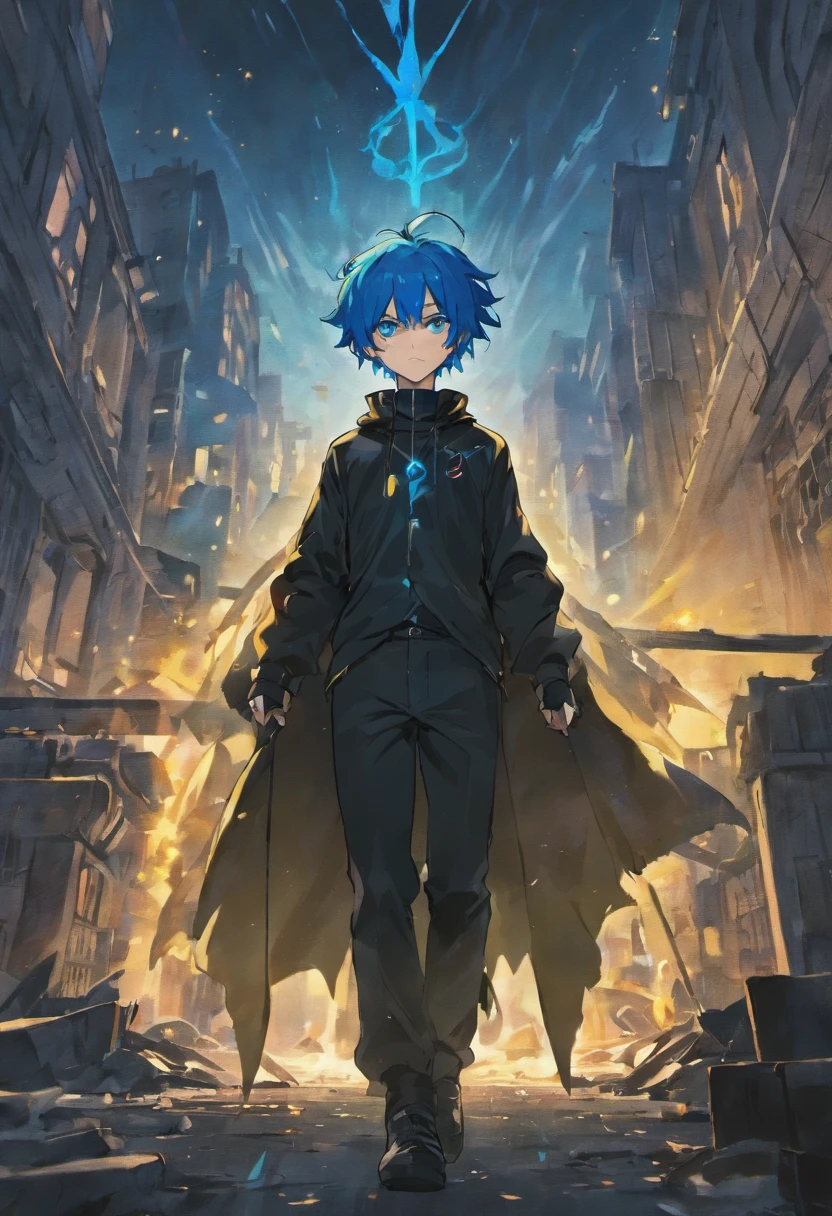 a 15-year-old man with blue hair and black eyes, wears a black superhero outfit similar to a spy uniform with a tattered yellow cape, an aura of shadows appears behind him, his back on top of a building and is watching a city in ruins, anime, novel cover