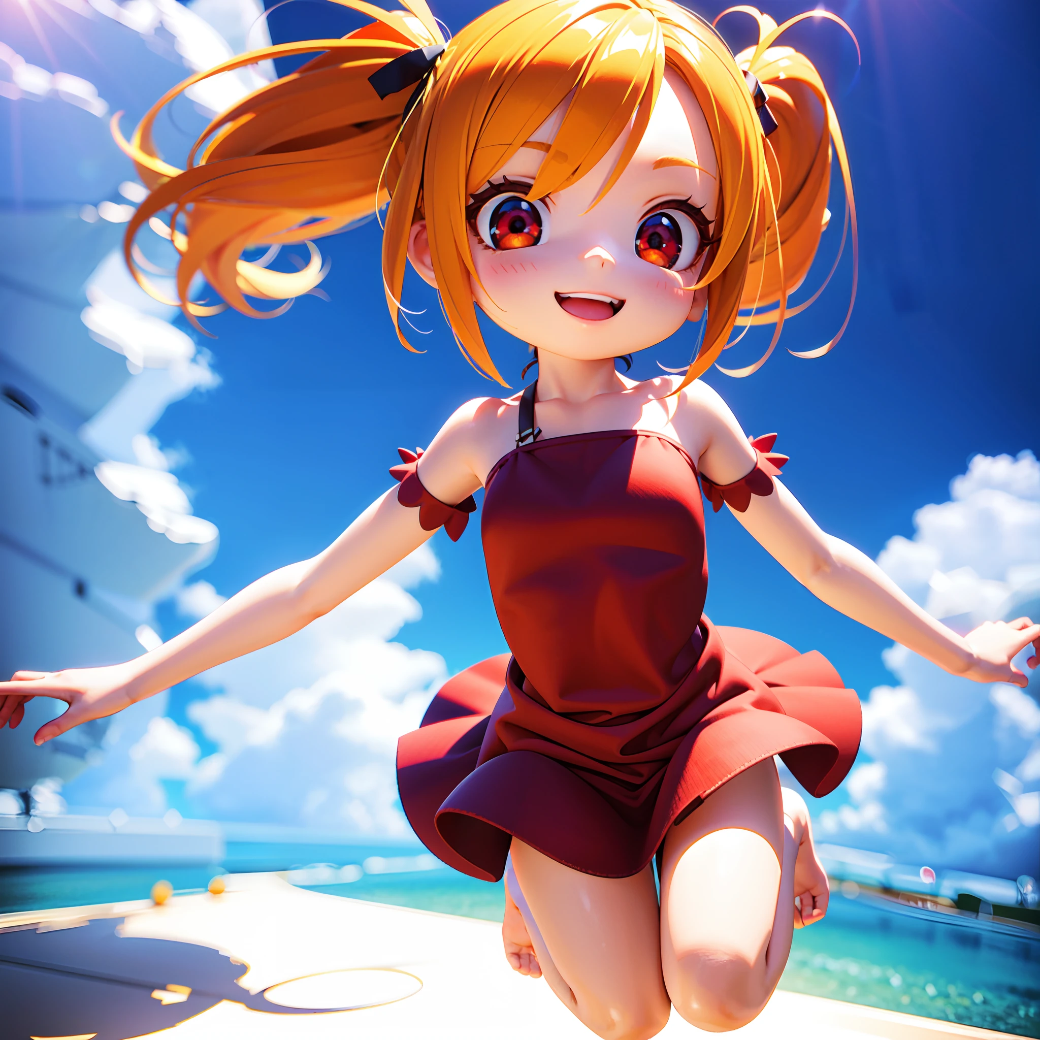 (masterpiece, best quality),
(reflection:1.0), (shadow:1.0),
(Chibi) Cute girl, Orange hair, twin tail, (drooping eyes, red eyes), Wearing a Summer Dress. solo,
((((Soft render 3d)))),
jumping, joy, happy,