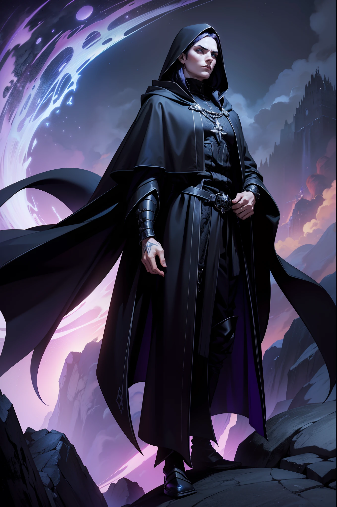 An adult mage character wearing a hooded robe and gothic armor with black details accompanied by an adult mage character wearing a robe, capuz. Tax Posture, face with serious expression, cabelo na cor preta liso preso, hair in black color a remarkable beauty, Magnificent, cor azul dos olhos, Purple sky with magnificent clouds, arms crossed in imposing pose and on top of a tall rock, cabelo curto cidade, portal, Magnificent, 8k, simbolismo arcano, magia, poder