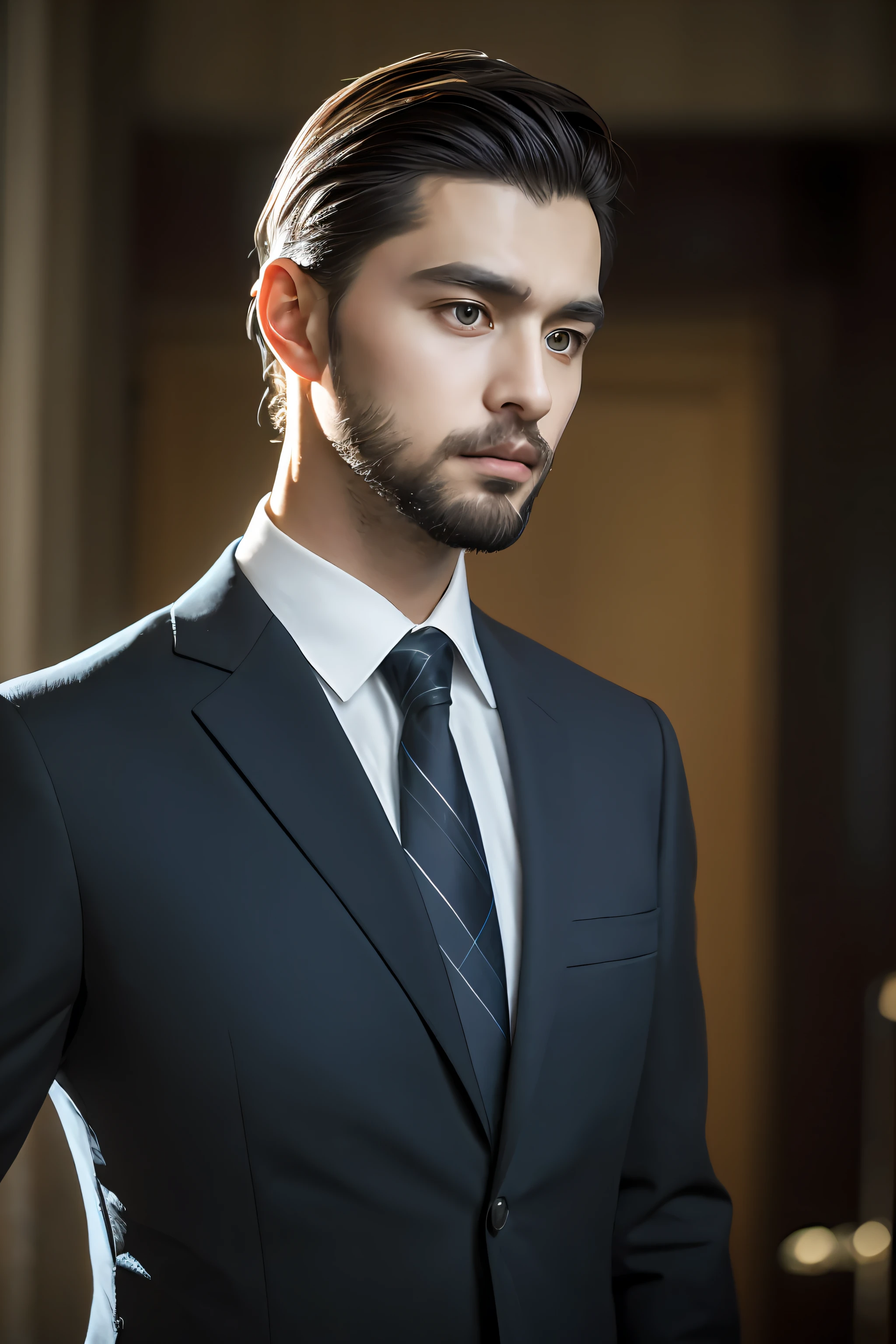 1人, Solo, Portrait of Habibunur Magomedov wearing a suit and tie, Beard, Serious, Details, Realistic, Photography, The background is blurred out, soft focus