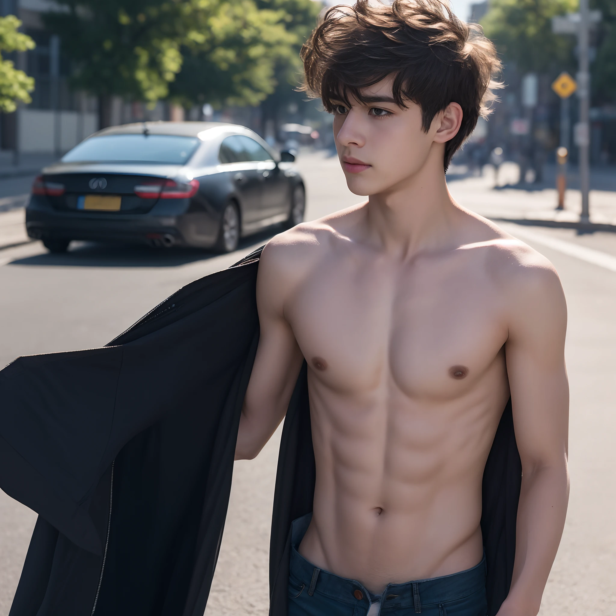 Raw photography, 1boy, Male Focus, Topless young man, hair messy, Looking at Viewer, in a street, Beautiful lighting, deepshadow, Best Quality, masutepiece, Ultra-high resolution, Photorealsitic, Blurry background