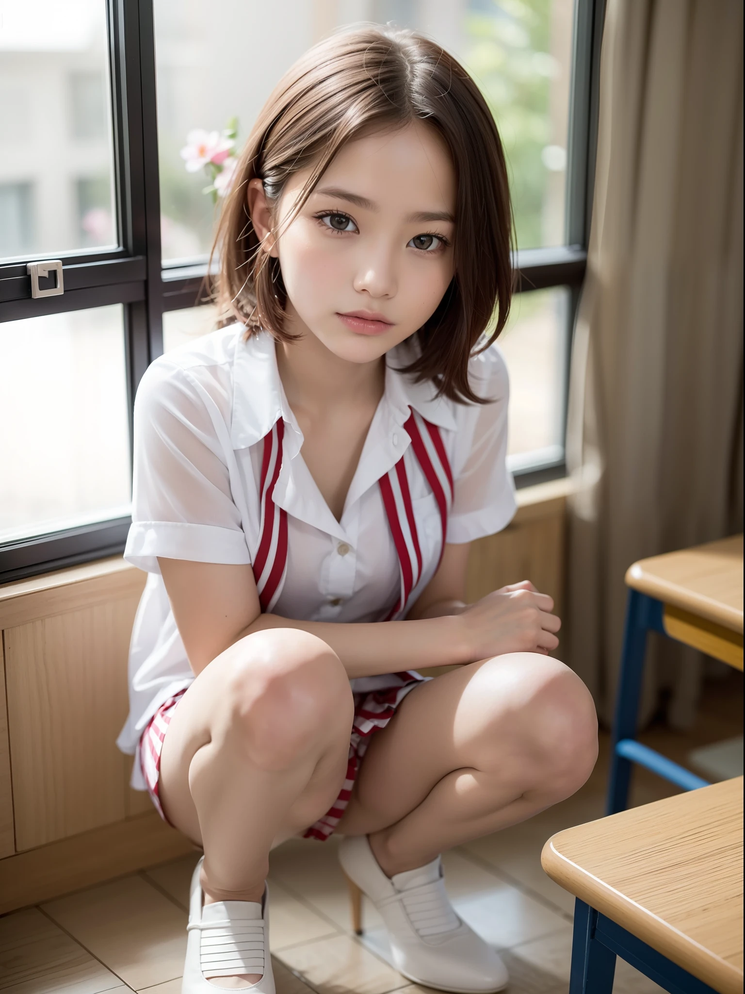 ((of the highest quality, 8K, masutepiece: 1.3, Raw photo)), Sharp Focus: 1.2, (1 AESPA Girl :1.1), Solo, (Realistic, Photorealistic: 1.37), (Face Focus: 1.1), Cute face, hyperdetailed face, (short messy hair: 1.2), Small Smile, Small breasts, flat chest, nude, (chiffon school uniform), squatting, Thigh, classroom, flower, Cattleya