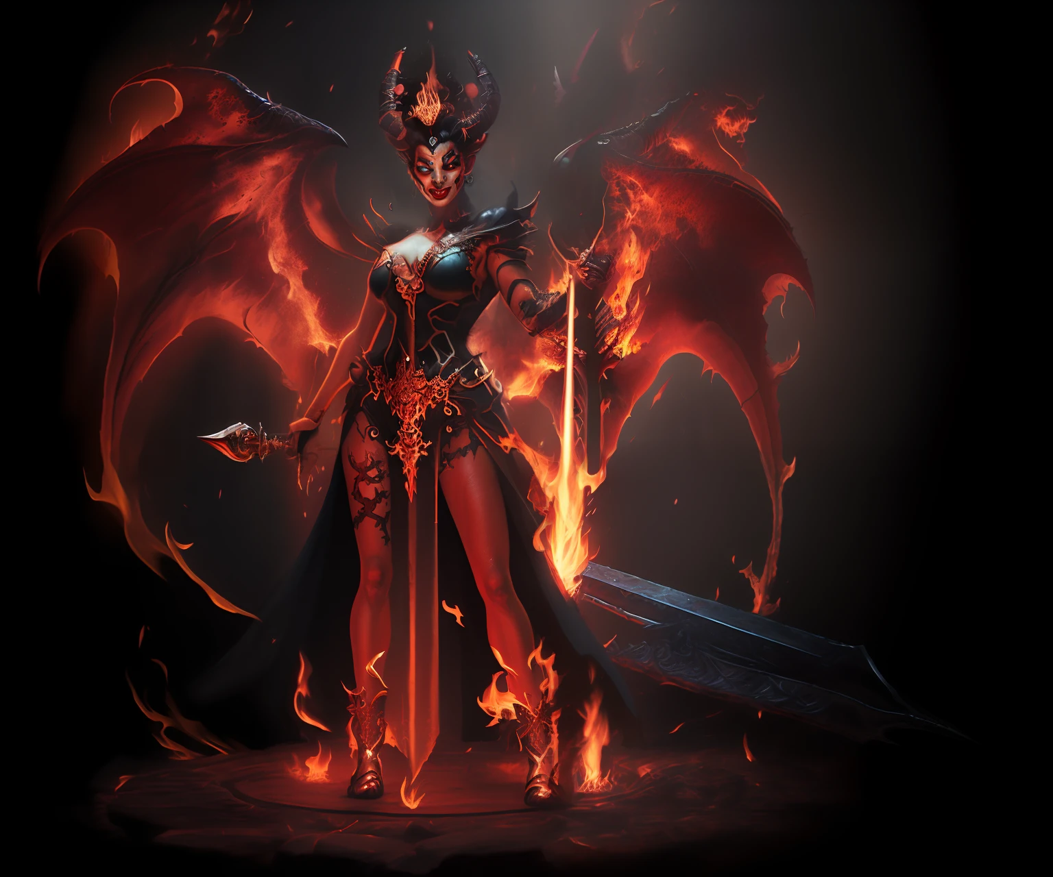 a close up of a woman with a sword and a demon, infernal enigma, ruler of inferno, queen of hell, beautiful elegant demon queen, appears as the fire goddess, infernal nymph, diablo 4 lilith, demoness, goddess of anger, mara demon, succubus, lava and fire goddess, giesha demon, female lord of change, realistic face