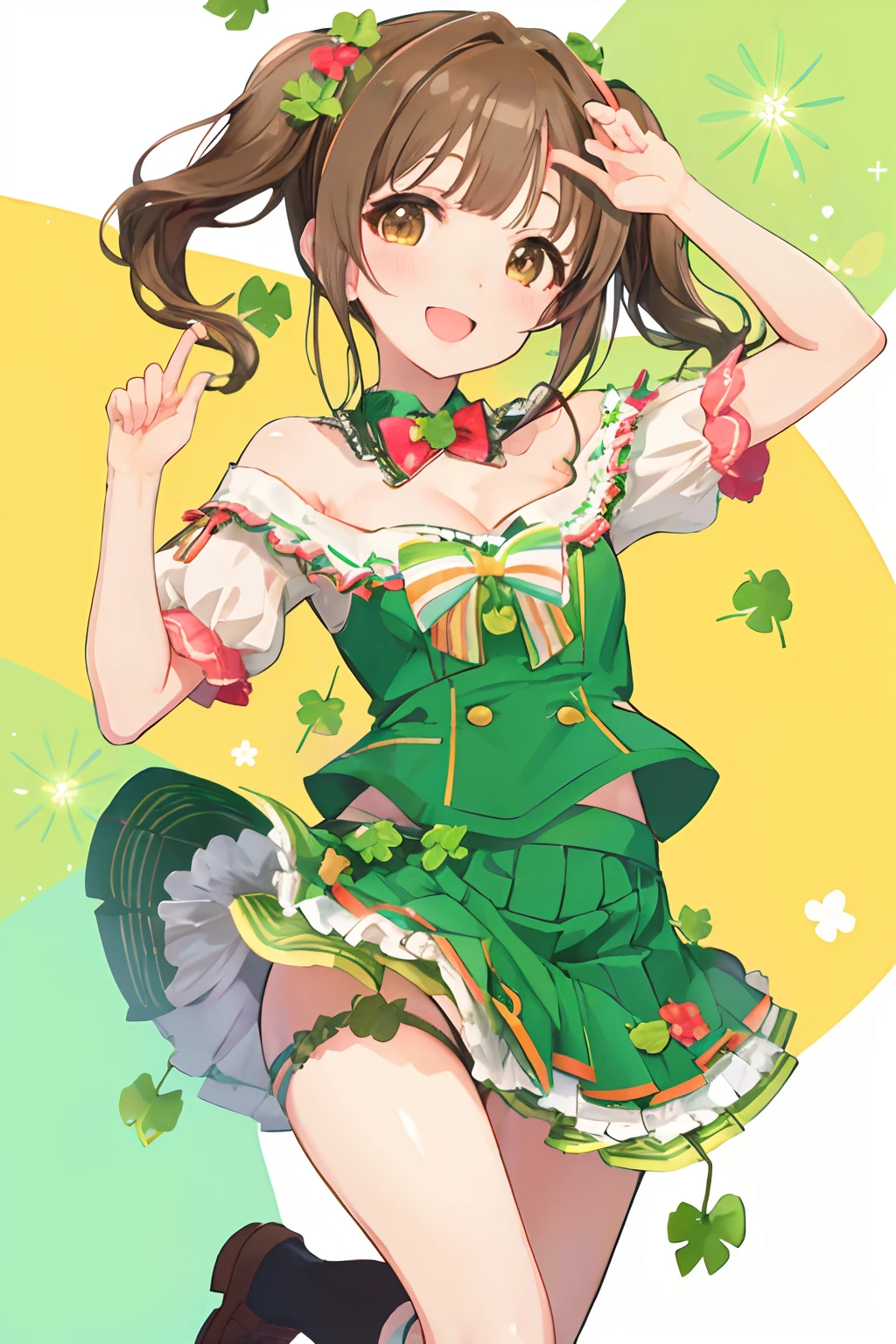 NSFW,idolmaster, Chieri Ogata,short twin tails with brown hair,small tits,Brown-eyed,four leaf clovers, Smile with open mouth,Top image quality,Best Quality