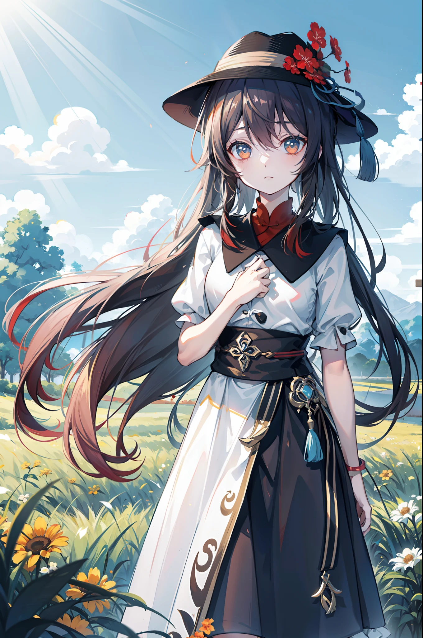 Hu tao from genshin impact, white background, casual outfit, casual t shirt, cute pose, Prairie, a beauty with a sunhat standing on the prairie, big clouds, blue sky, meadow, forest, hillside, secluded, tourist attraction, HD detail, hyper-detail, cinematic, surrealism, soft light, deep field focus bokeh, ray tracing and surrealism. --v6