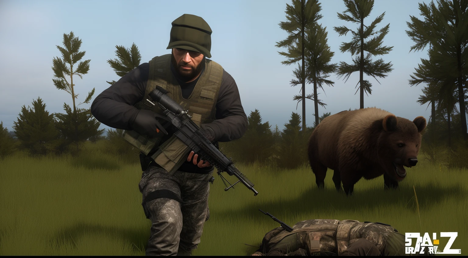 Araffe com um rifle e um urso em um campo, tiro realista, dayz, arma 3 screenshot, Arma 3, em dayz, Hunting, hunter alone in the desert, no jogo, manuseamento de corredeiras no peito, hunting buffalo, Cena realista, arredores detalhados, jogabilidade ainda, em Tarkov, photorealistic content, far - mid shot, muito detalhado e de alta qualidade