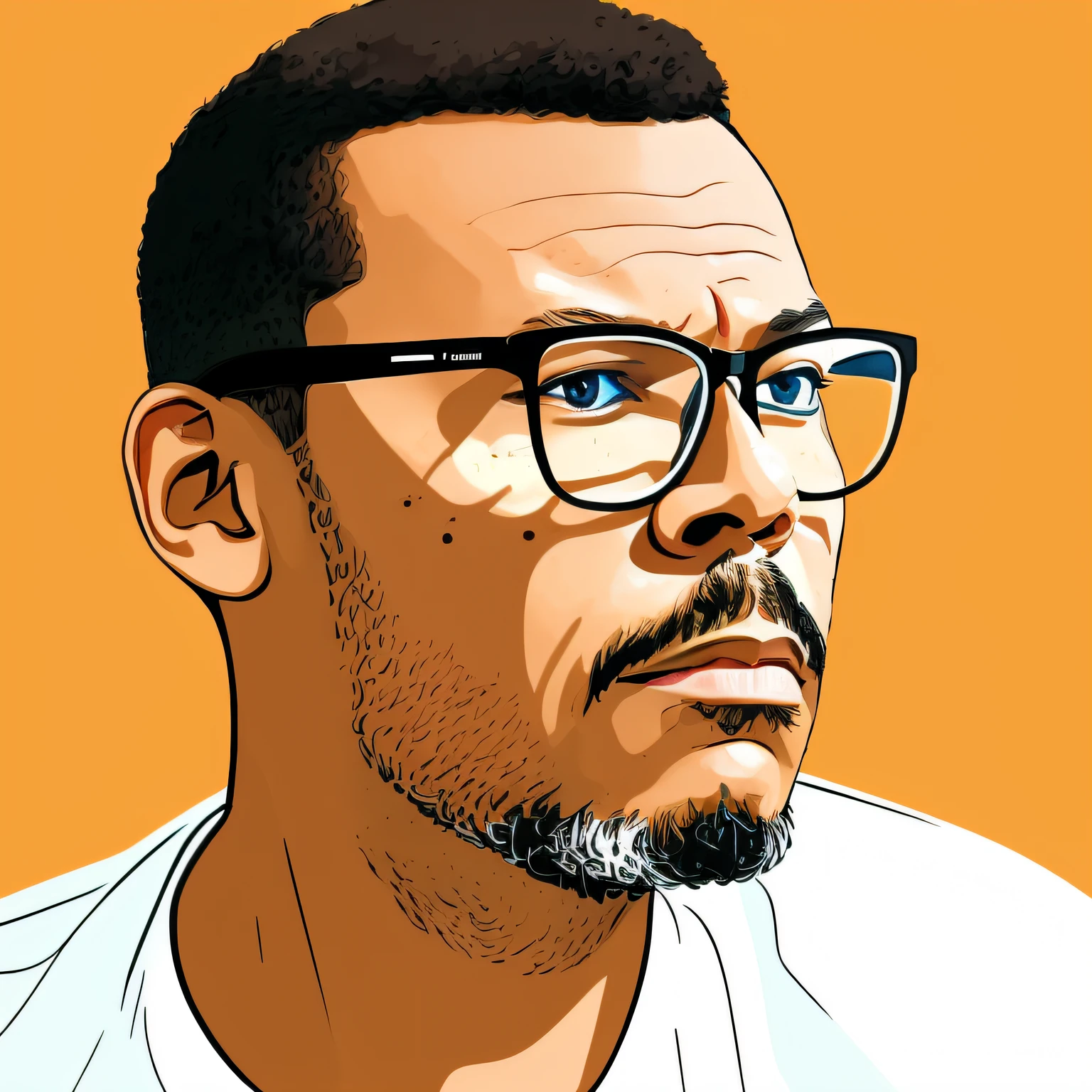 guttonervision8, 2d illustration of light brown skinned man wearing glasses, short hair, olhos castanhos, estilo dos desenhos animados, estilo adesivo com borda branca