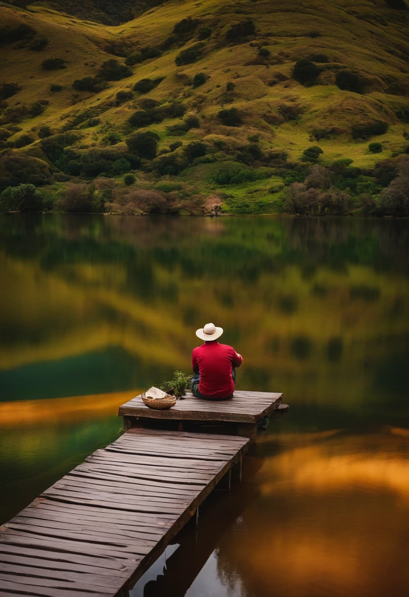 Homem segurando uma madeira em cima de rocha perto de um lago