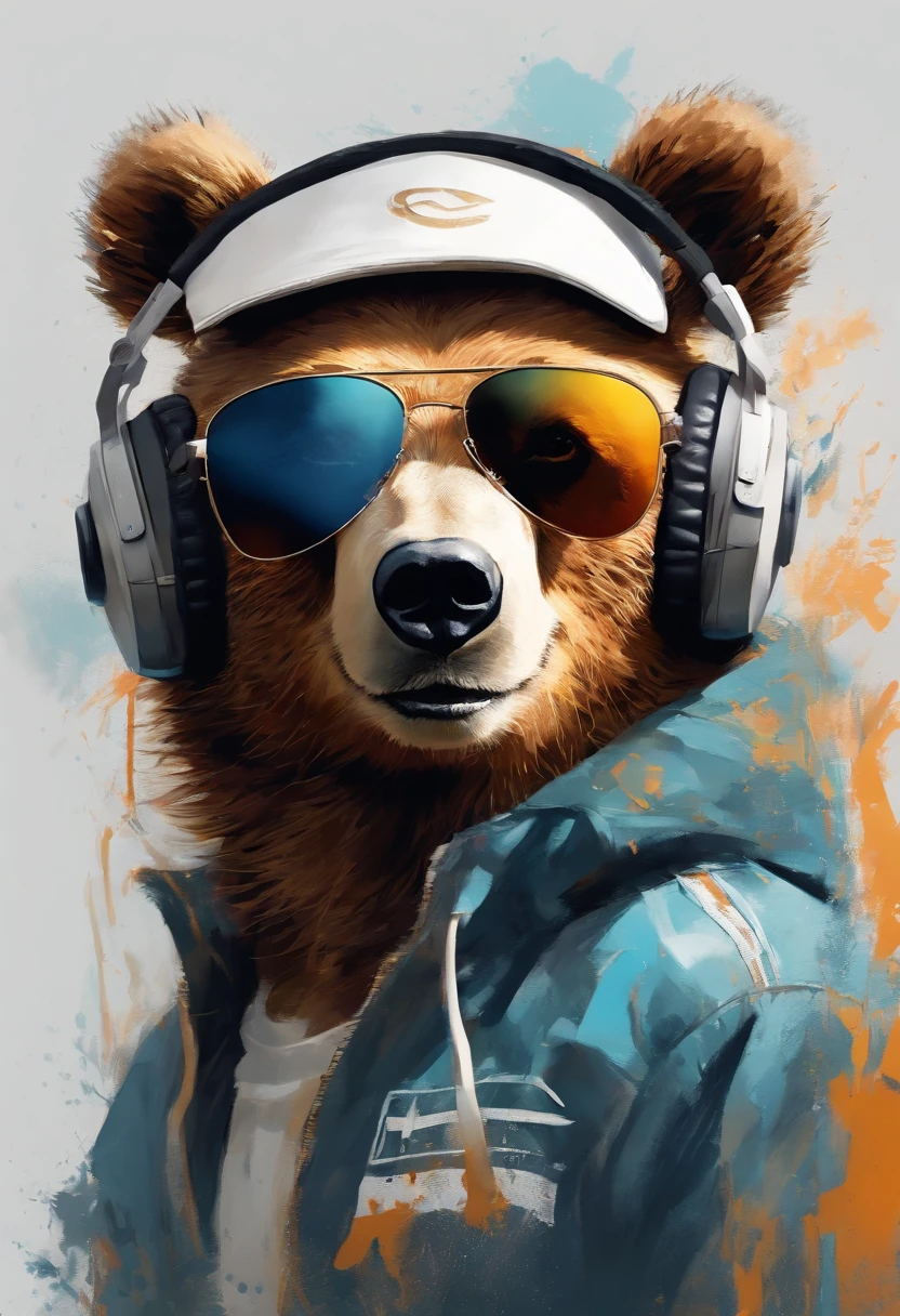 Perfect centering, Cute little bear, Wear a student team jacket, Wearing sunglasses, Wearing headphones, cheerfulness, Standing position, Abstract beauty, Centered, Looking at the camera, Facing the camera, Approaching perfection, Dynamic, Highly detailed,  Smooth, Sharp Focus, 8K, hight resolution, Illustration, art by carne griffiths and wadim kashin, White background