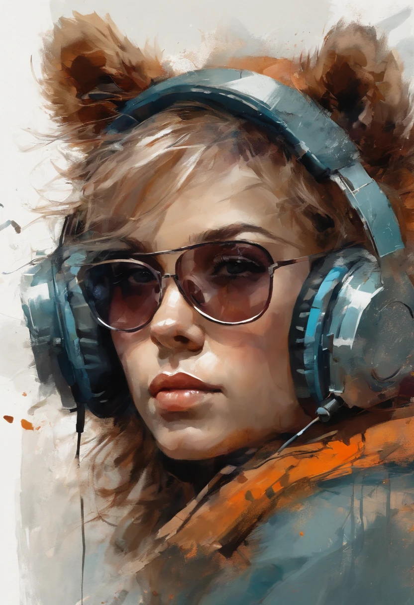 Perfect centering, Cute little bear, Wear a student team jacket, Wearing sunglasses, Wearing headphones, cheerfulness, Standing position, Abstract beauty, Centered, Looking at the camera, Facing the camera, Approaching perfection, Dynamic, Highly detailed,  Smooth, Sharp Focus, 8K, hight resolution, Illustration, art by carne griffiths and wadim kashin, White background