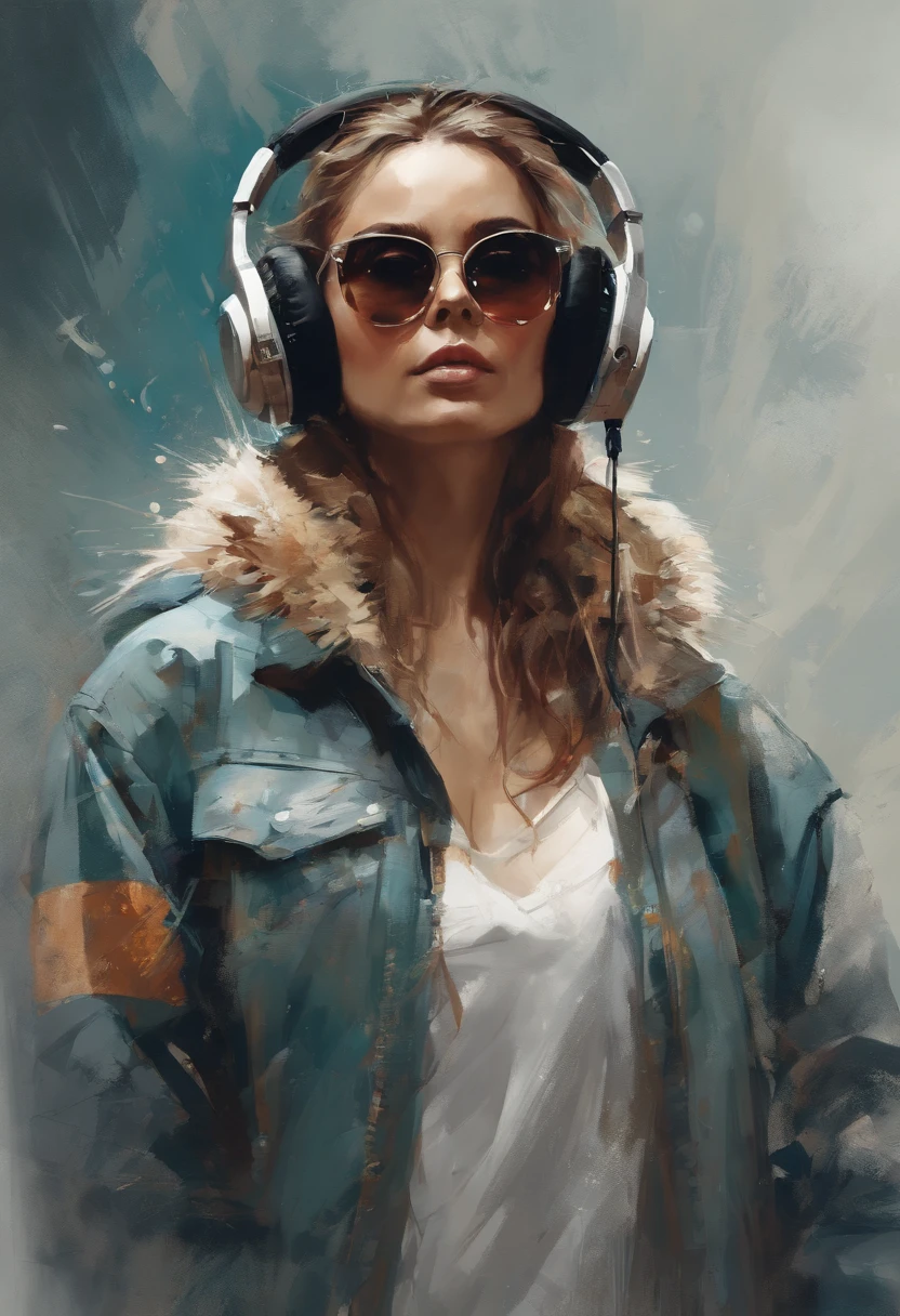 Perfect centering, Cute little bear, Wear a student team jacket, Wearing sunglasses, Wearing headphones, cheerfulness, Standing position, Abstract beauty, Centered, Looking at the camera, Facing the camera, Approaching perfection, Dynamic, Highly detailed,  Smooth, Sharp Focus, 8K, hight resolution, Illustration, art by carne griffiths and wadim kashin, White background