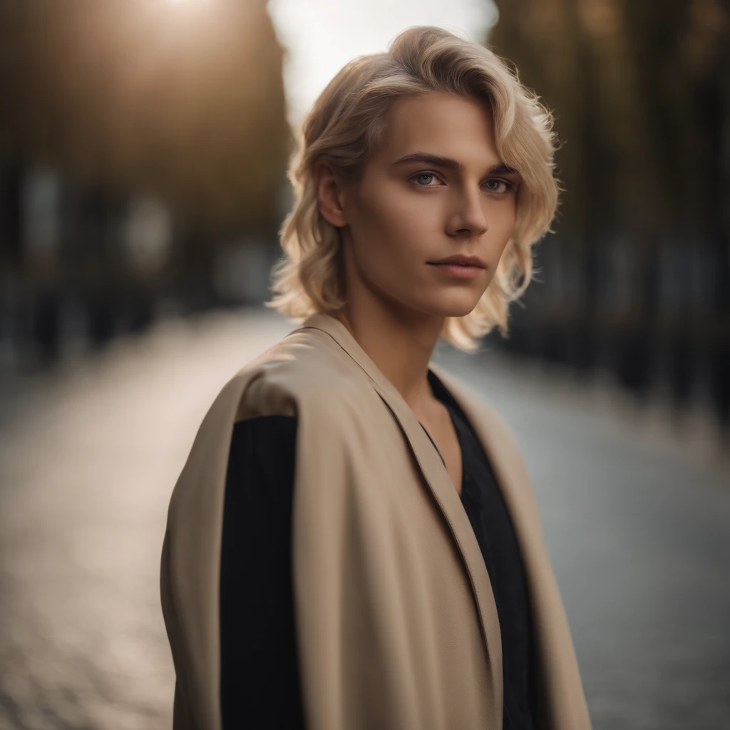 Medium blonde haired boy with a medium haircut looks at the camera, delicate androgynous prince, Beautiful androgynous prince, androgynous face, an epic non - binary model, tomboy cabelo platinado curto, foto retrato suave 8 k