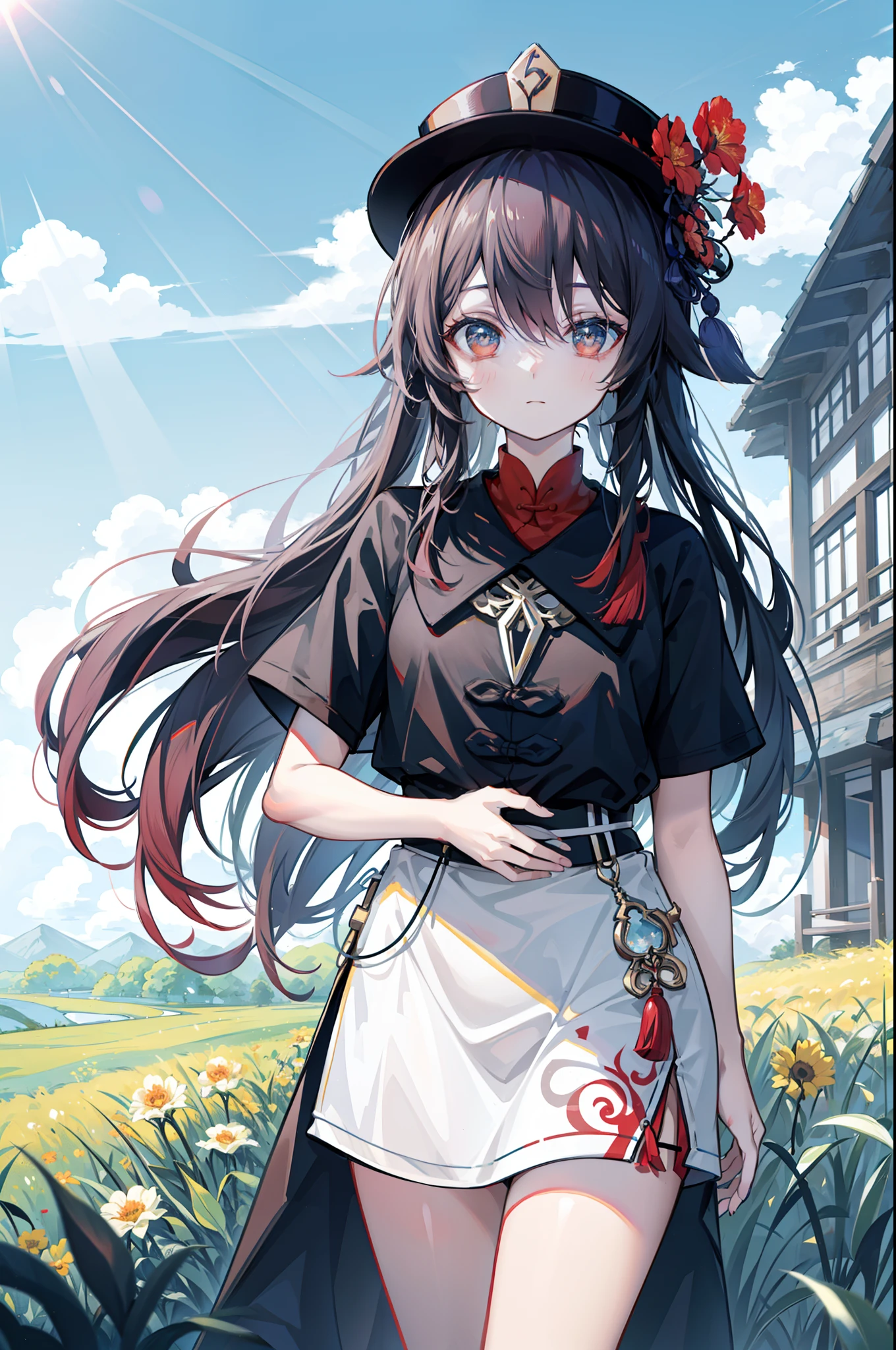 Hu tao from genshin impact, white background, casual outfit, casual t shirt, cute pose, Prairie, a beauty with a sunhat standing on the prairie, big clouds, blue sky, meadow, forest, hillside, secluded, tourist attraction, HD detail, hyper-detail, cinematic, surrealism, soft light, deep field focus bokeh, ray tracing and surrealism. --v6