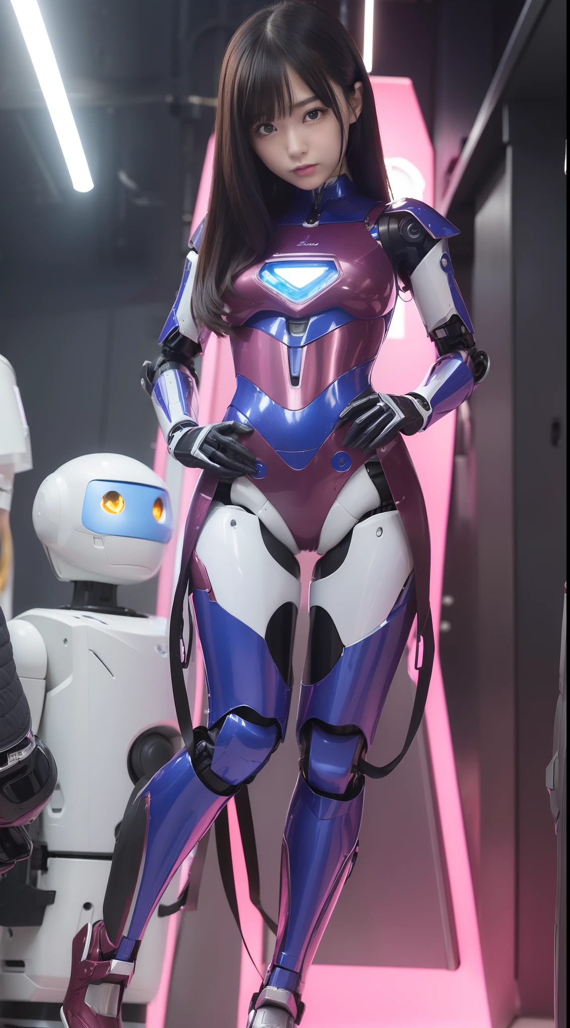 (Photorealsitic:1.4)、one girl、(top-quality)、(hyperdetailed face)、(Super well-formed face)、((Robot Parts))、(Female-Robot)、(22 years-old)、(Blue)、(pink there)、(Burgundy)、(metallic)、(full-body)、(sexy pose)、(Slender body)、(Model body type)、(full body mech)、(mechanical exposure)、(Akihabara)、(is looking at the camera)、(A dark-haired)、(Well-proportioned lady)、(a small face)、(Idol)、(front facing)、(Standing with legs open)、(Hands on hips)、(Photo session)、(Looks sad)、(perfect-female-robot)