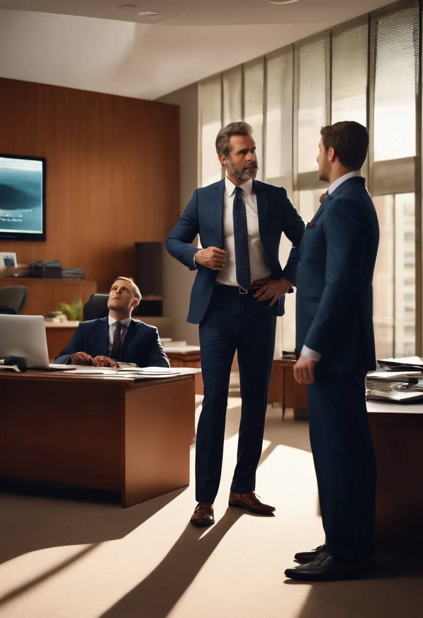 Middle-aged man in suit and tie, standing full-body in the office talking to two young men