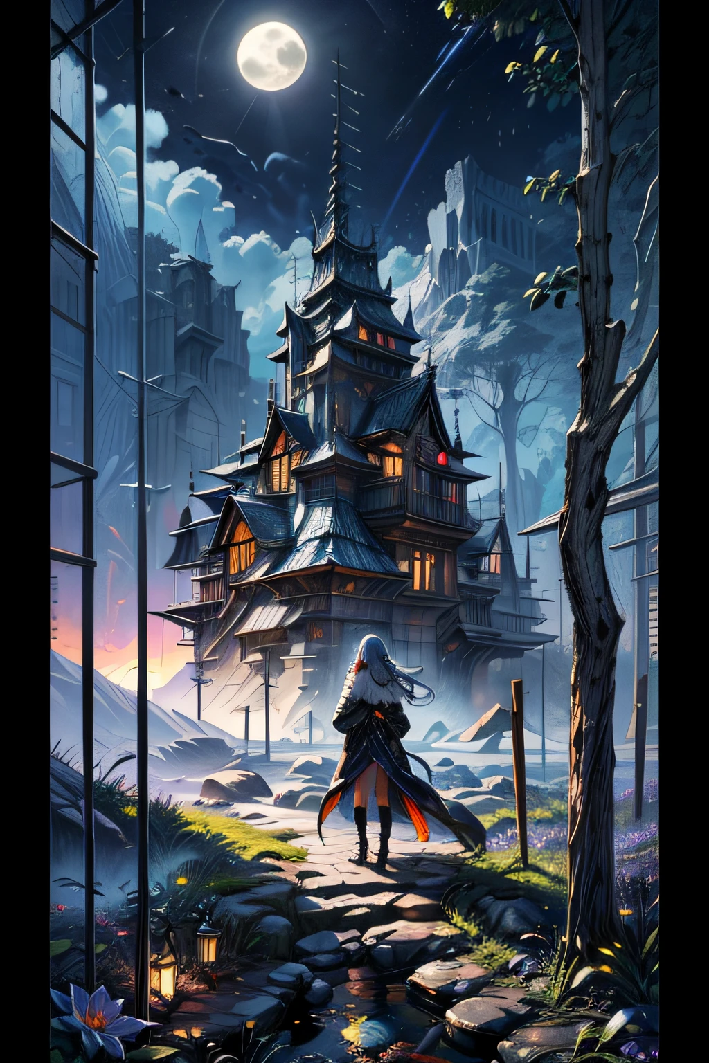 A wide landscape photo, (viewed from below, the sky is above, and the open field is below), a girl standing on a flower field looking up, (full moon: 1.2), (meteor: 0.9), (nebula: 1.3), distant mountains , Trees BREAK Crafting Art, (Warm Light: 1.2), (Firefly: 1.2), Lights, Lots of Purple and Orange, Intricate Details, Volumetric Lighting BREAK (Masterpiece: 1.2), (Best Quality), 4k, Ultra Detailed, (Dynamic Composition: 1.4), Rich in Detail and Color, (Rainbow Color: 1.2), (Glow, Atmospheric Lighting), Dreamy, Magical, (Solo: 1.2)