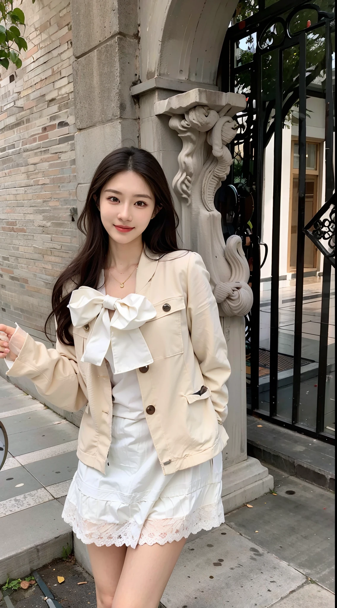 Arapi posing in a white dress and jacket for a photo, wearing jacket and skirt, white trendy clothes, White jacket, 2 0 2 0 fashion, cropped shirt with jacket, light cream and white colors, Short jacket, High quality material BSSRDF, with white, Jacket, loose coat collar sailor uniform, smooth white tight clothes suit，beautiful Korean women，Beautiful young Korean woman