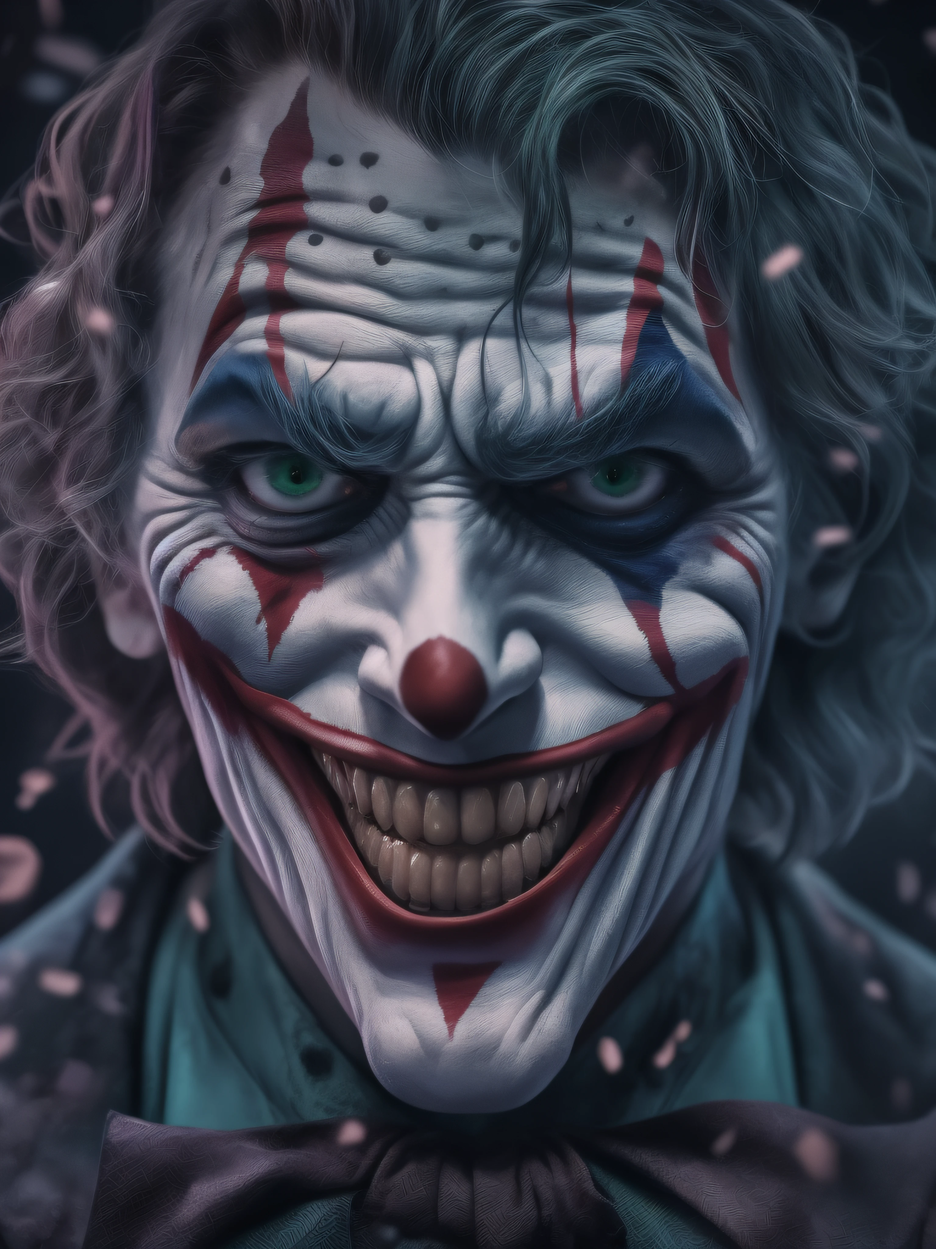 3d animation, joker, realistic, highest, (best quality, 4k, 8k, masterpiece:1.2), detailed face and expressions, haunting eyes and wicked smile, colorful and vibrant scene, studio lighting, dark and moody atmosphere, bold and exaggerated movements, chaotic and unpredictable actions, dramatic camera angles, confetti and smoke effects, crazy laughter and maniacal voice, twisted and distorted features, quintessential joker essence, captivating and unsettling presence, horror fusion with comic book aesthetics, highly detailed costume and makeup, brilliant purple and green color palette, playful yet sinister tone, impeccable rendering and texturing, striking visual impact, authentic portrayal of the iconic character.