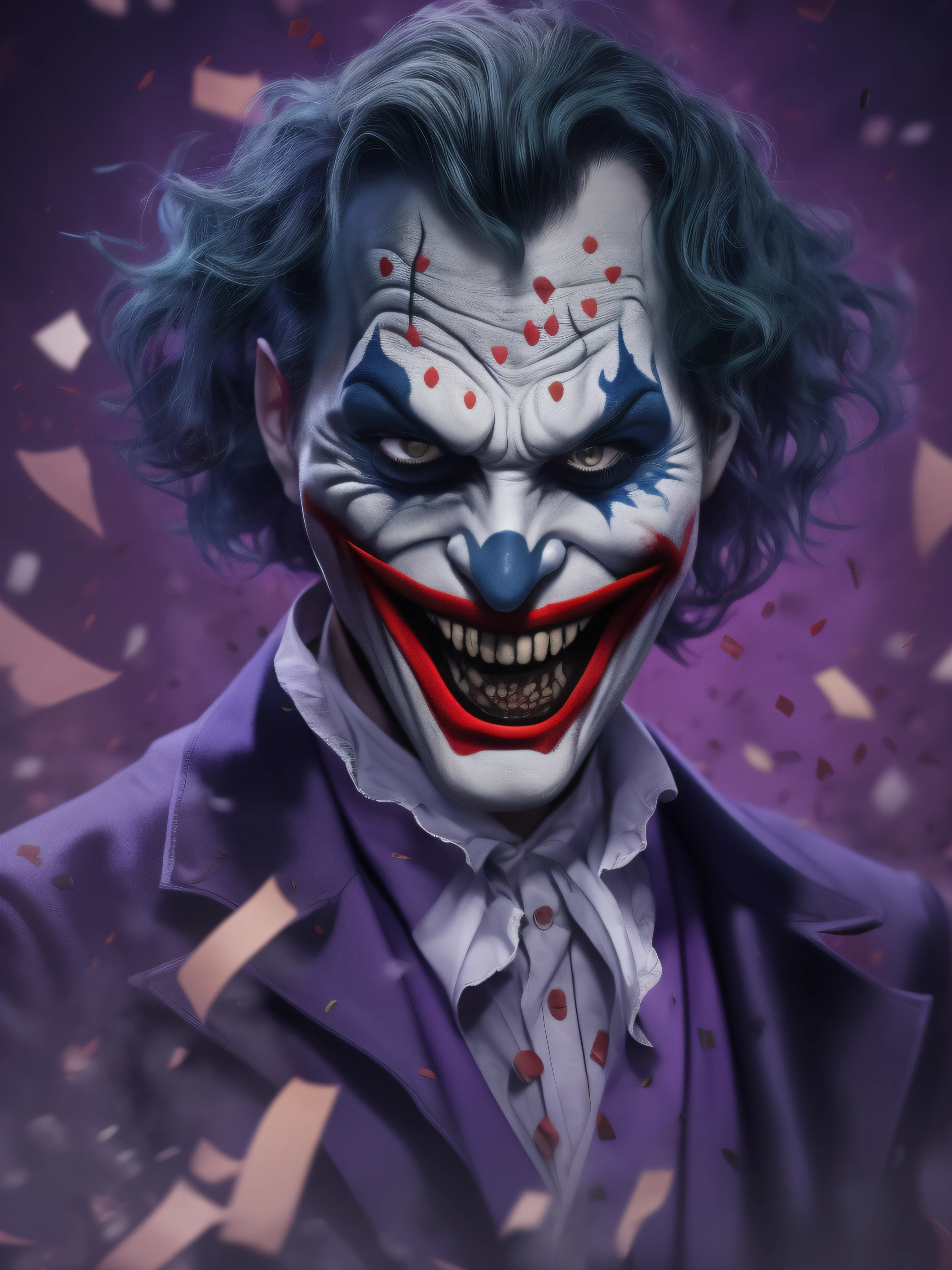 3d animation, joker, realistic, highest, (best quality, 4k, 8k, masterpiece:1.2), detailed face and expressions, haunting eyes and wicked smile, colorful and vibrant scene, studio lighting, dark and moody atmosphere, bold and exaggerated movements, chaotic and unpredictable actions, dramatic camera angles, confetti and smoke effects, crazy laughter and maniacal voice, twisted and distorted features, quintessential joker essence, captivating and unsettling presence, horror fusion with comic book aesthetics, highly detailed costume and makeup, brilliant purple and green color palette, playful yet sinister tone, impeccable rendering and texturing, striking visual impact, authentic portrayal of the iconic character.