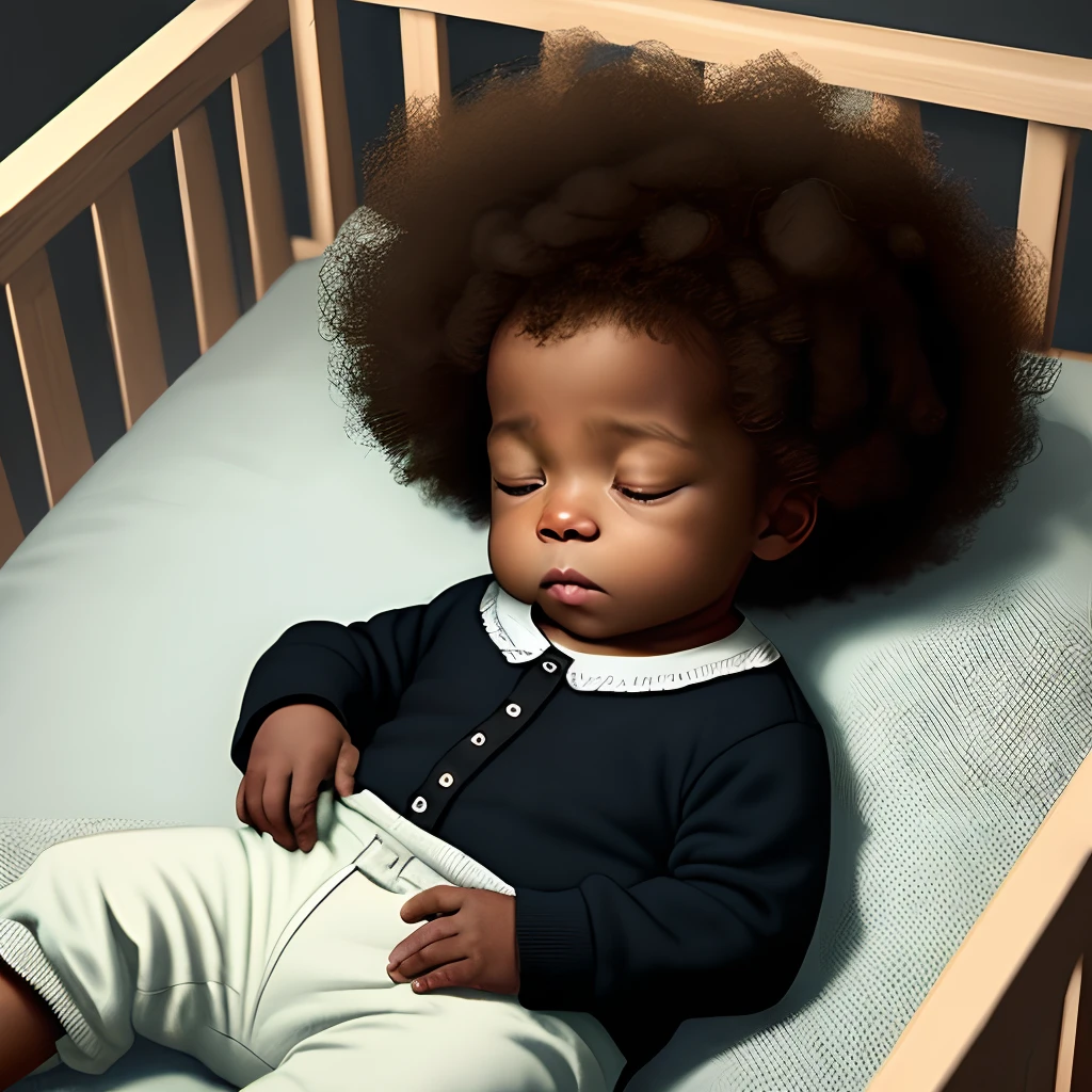 A  black  with afro in a rockin crib, sleeping,late’s 70’s, realistic, cinematic