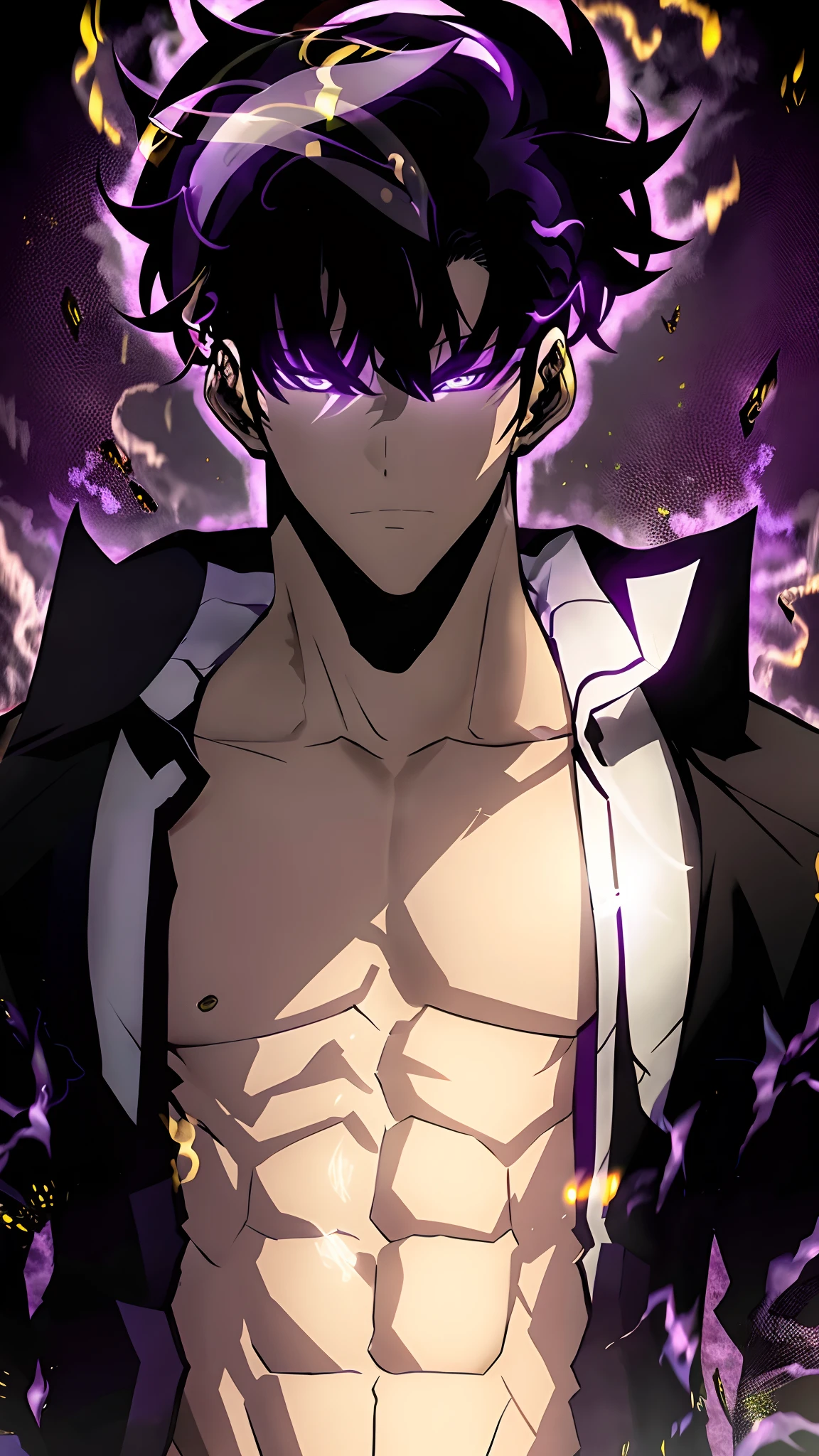 1man,1boy,muscualr,black hair,purple eyes, trained, suit,solo