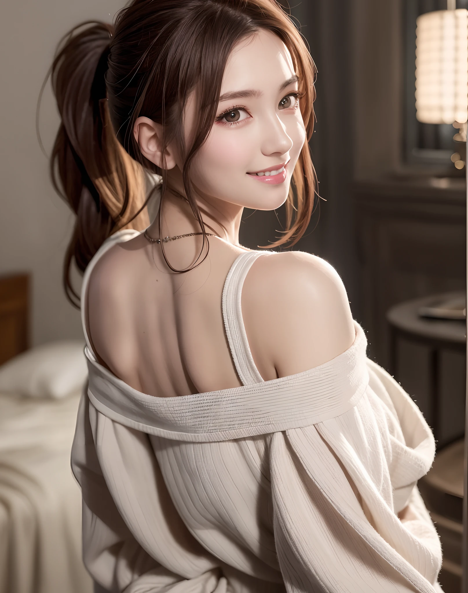 (Best Quality), (masutepiece), (High resolution), (Intricate details:0.2),(Professional Lighting), dressing gown, Detailed background,off shoulders, (Previous view), 1girl in, Solo, (Beautiful face), Slim body, Fine skin, Smile, brown hair in a ponytail, Beautiful eyes, look at at viewer,