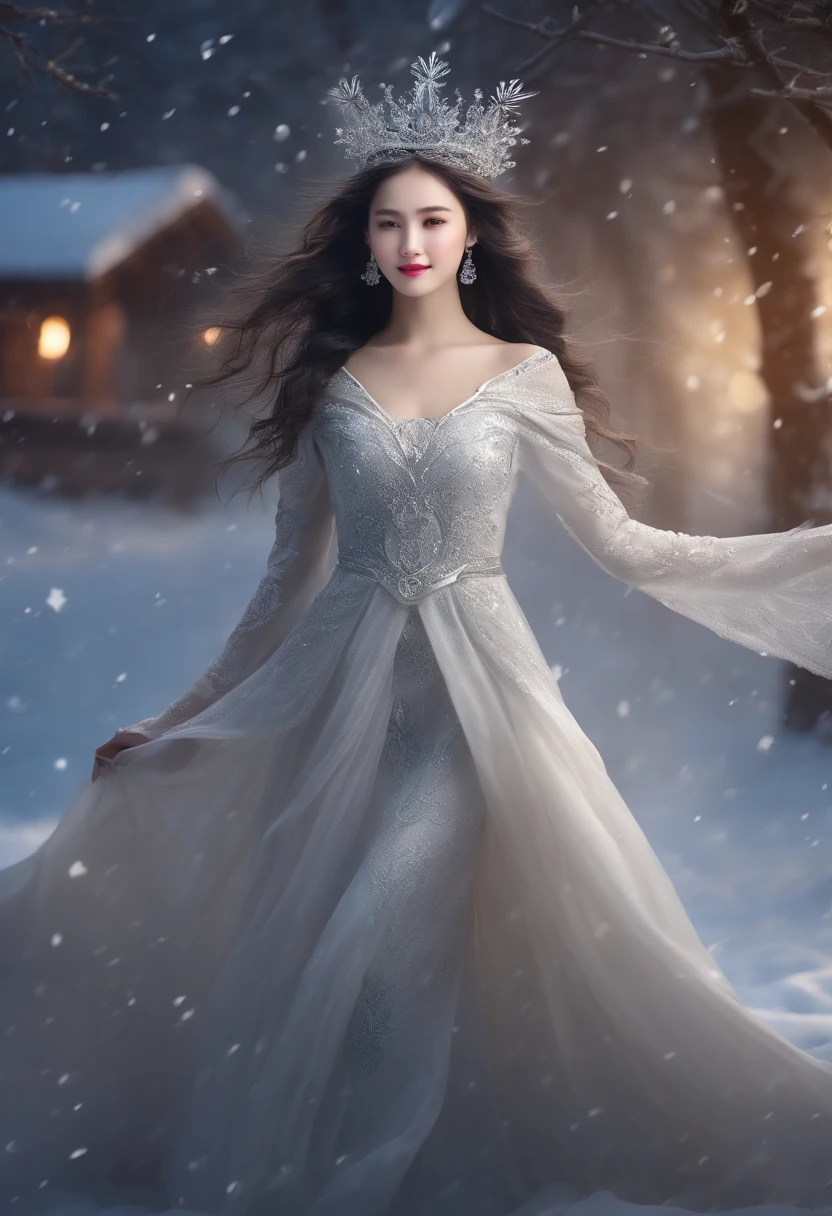Best texture, High quality, Ultra HD, 8K, Full body photo, Panorama pictures, Snow, Flying snowflakes, Dancing in the snow, Girl, Full of silver jewelry, Hmong clothing, Silver phoenix crown, Melon seed face, Ultra-detailed face, Blue eyes, long eyebrow, Fair skin, sliver long hair, long and flowing hair, Rise with the wind, Colorful gifts of snowflakes, Realistic, Very detailed, High detail, Ultra-clear,