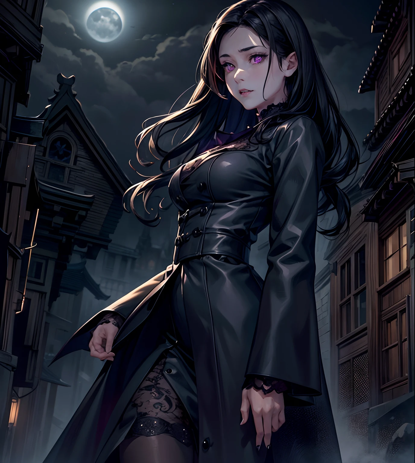 Photo realistic, Horror theme, underworld theme, dark element, realistic high quality masterpiece,1girl, (beautiful) Japanese female,looking straight at camera, straight ahead, sad face, detailed face, age 27, symmetrical eyes,symmetrical face,subtle vampire fangs, violet eyes, wavy long black hair, walking down dark, foggy, misty, moonlit alley,clouded quarter moon in sky in background, moonlit,with fog and shadows, spooky,nightime,cinematic lighting,dressed conservatively, wearing a deep purple lace top & double breasted coat black (buttoned up) closed coat black, medium length black skirt black., fix hands, detailed lips