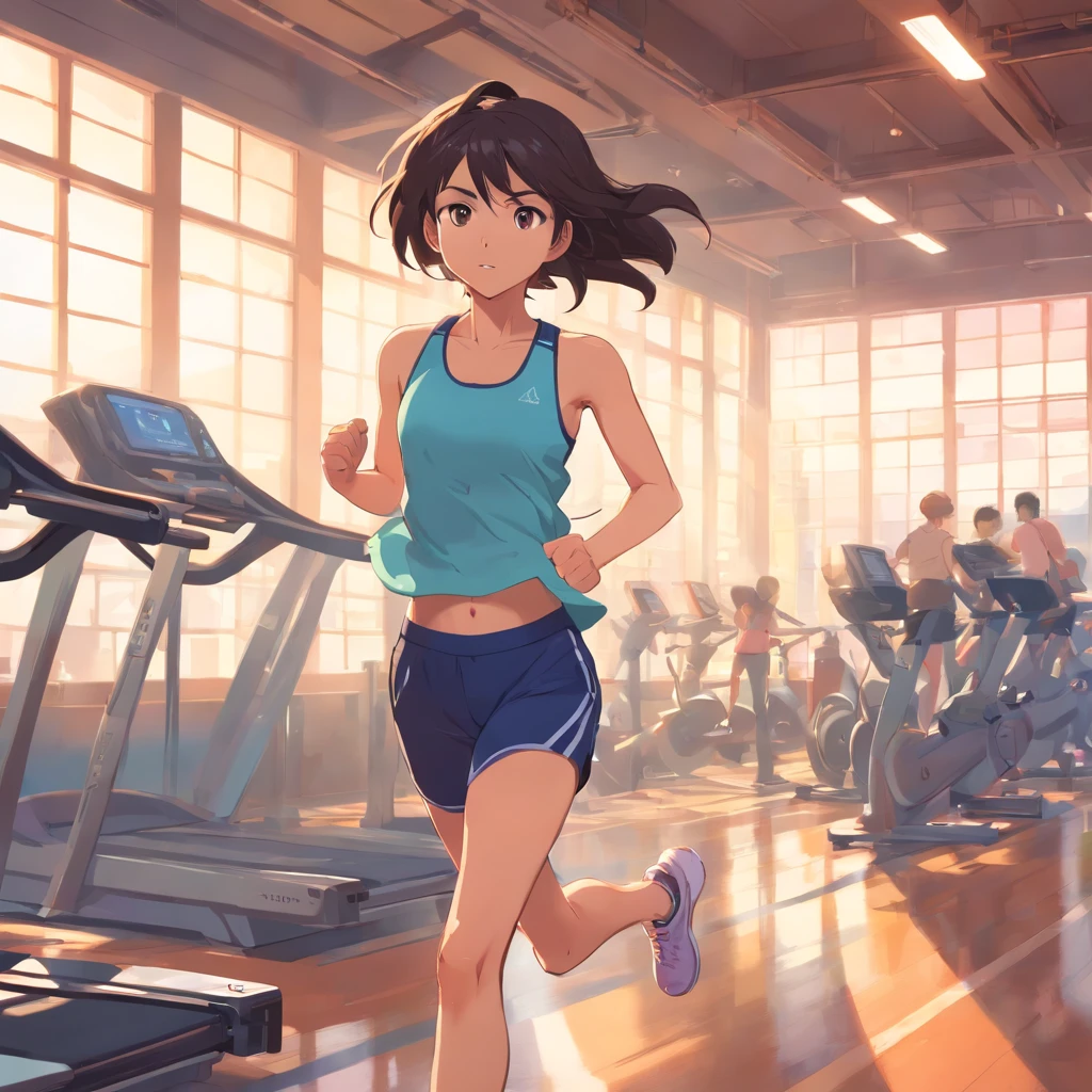 Girl running in gym in athletic clothes