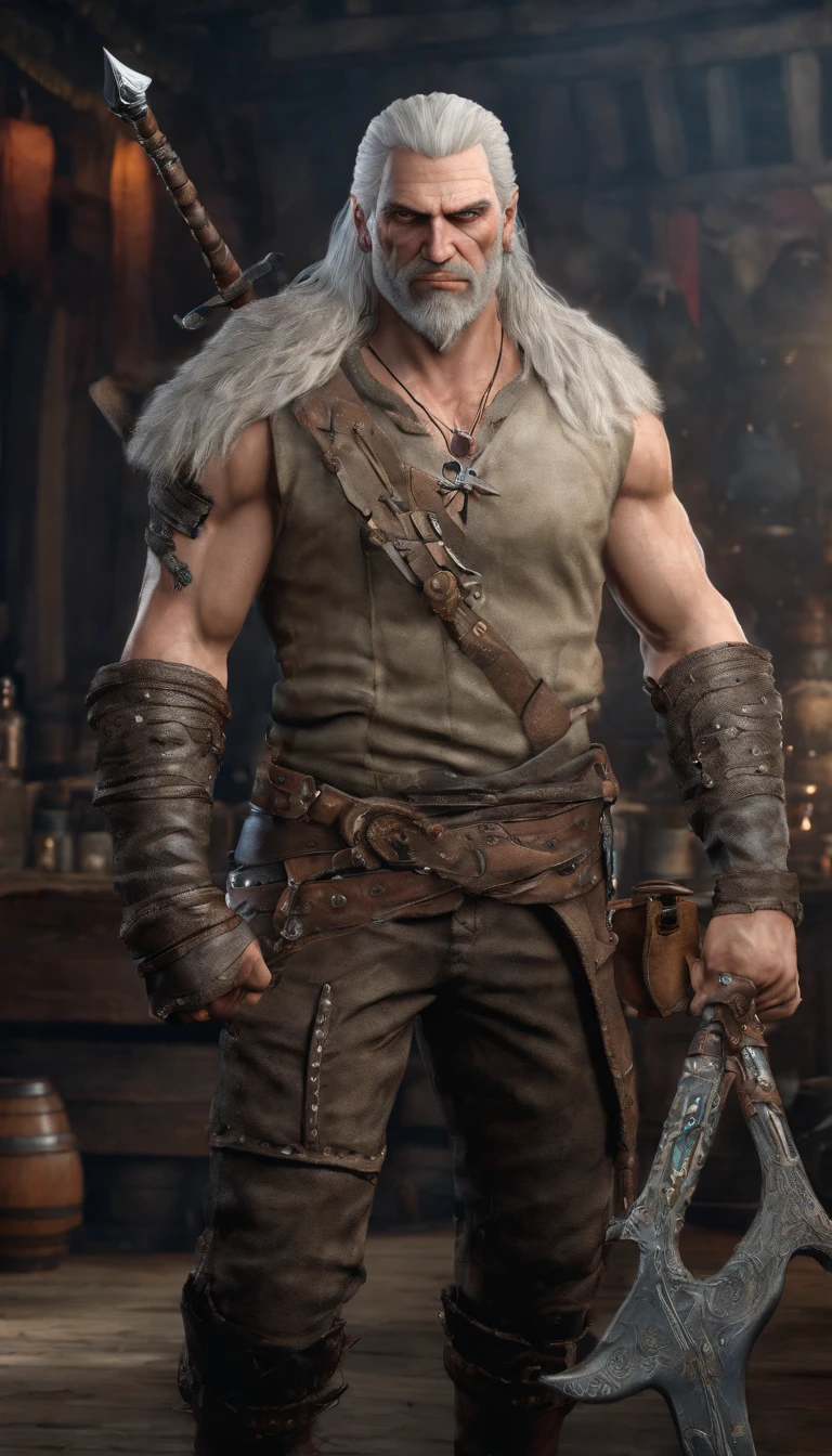 estilo the witcher 3, guerreiro dentro de um bar, cabelo branco, fisico forte, cenario dark ultra realista 8k