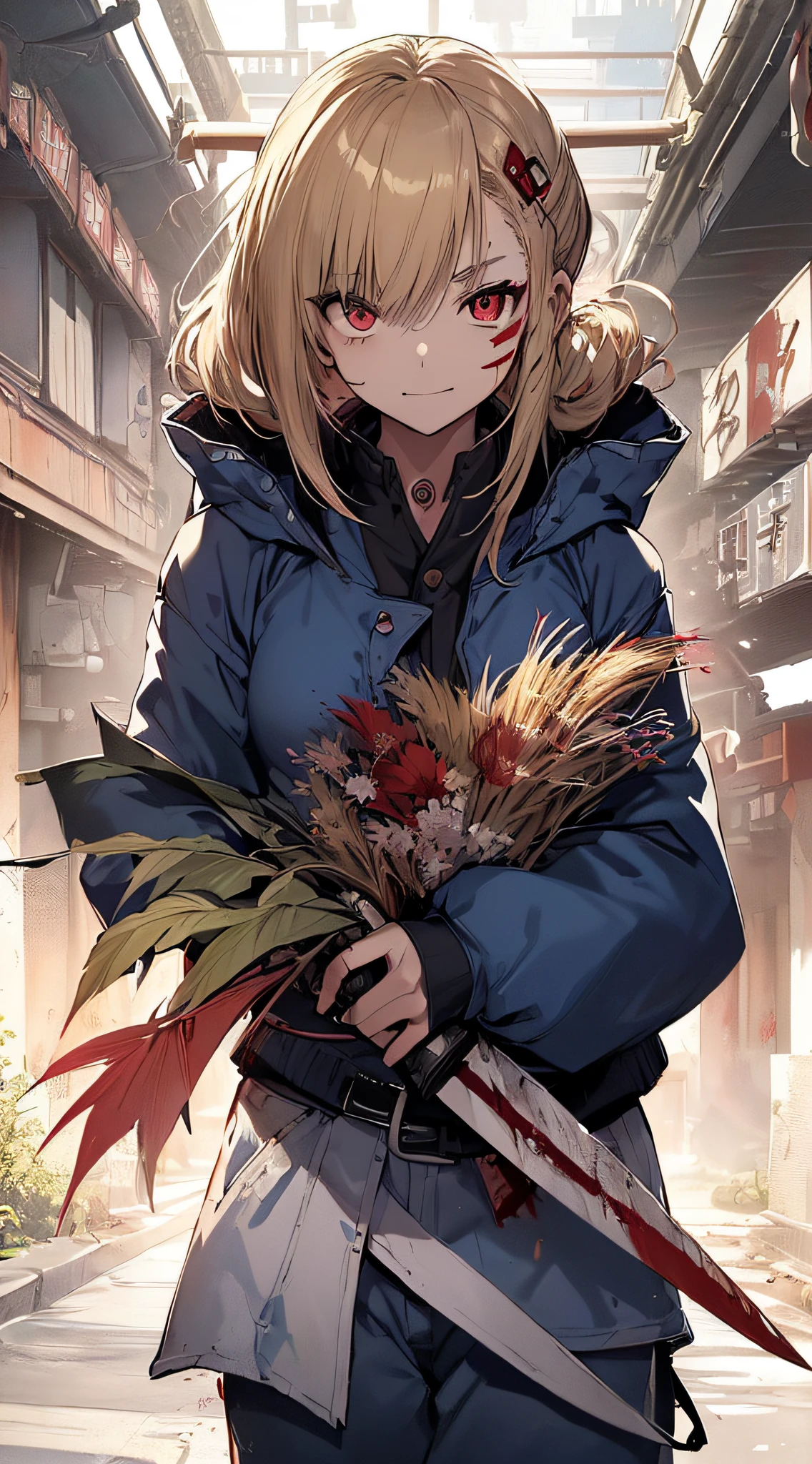 top-quality、Top image quality、masterpiece、girl with((18year old、Black tank top、Blue jacket、White pants、Best Bust、Bust 85、a blond、poneyTail、Red Eyes、open chest wide、Happiness、Return blood、Holding a Japan sword、facepaint))hiquality、visualart、Background with((World of War))、