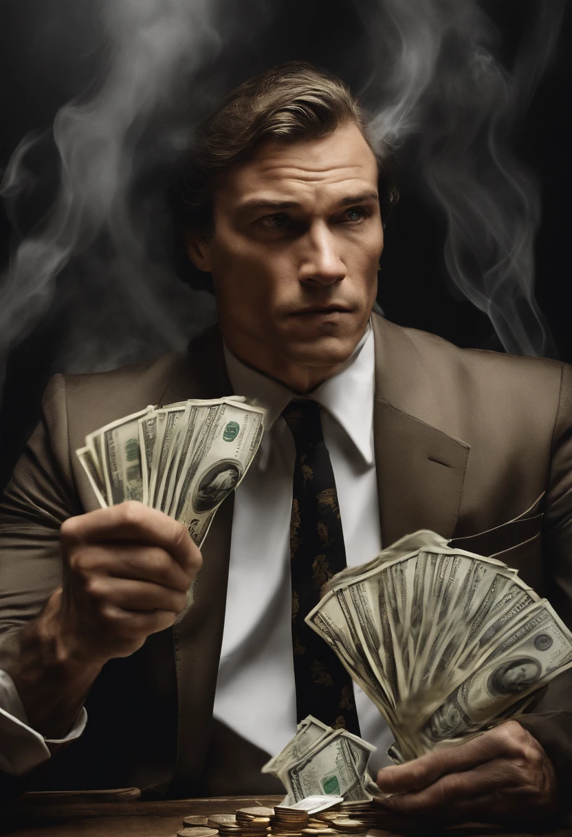 a man fighting against money, oil painting, harsh brushstrokes, dramatic lighting, intense expression, determined eyes, clenched fists, sweat dripping down his face, wrinkled suit, broken chains, crumbling dollar bills, crumbling stock market graph, smoke rising in the background, black and white with a touch of gold, realism. (best quality, highres, ultra-detailed), (realistic:1.37), professional, vivid colors.