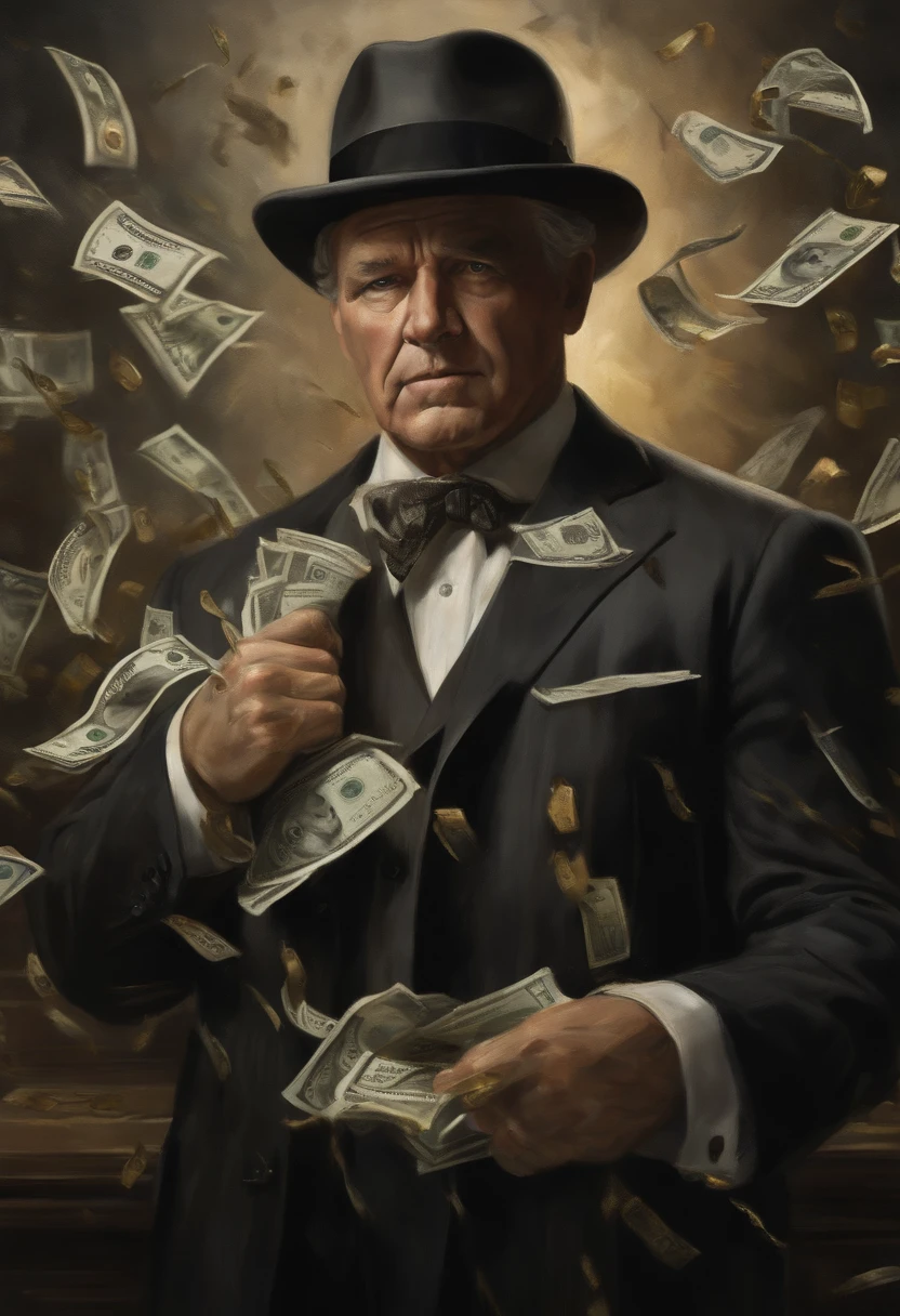 a man fighting against money, oil painting, harsh brushstrokes, dramatic lighting, intense expression, determined eyes, clenched fists, sweat dripping down his face, wrinkled suit, broken chains, crumbling dollar bills, crumbling stock market graph, smoke rising in the background, black and white with a touch of gold, realism. (best quality, highres, ultra-detailed), (realistic:1.37), professional, vivid colors.