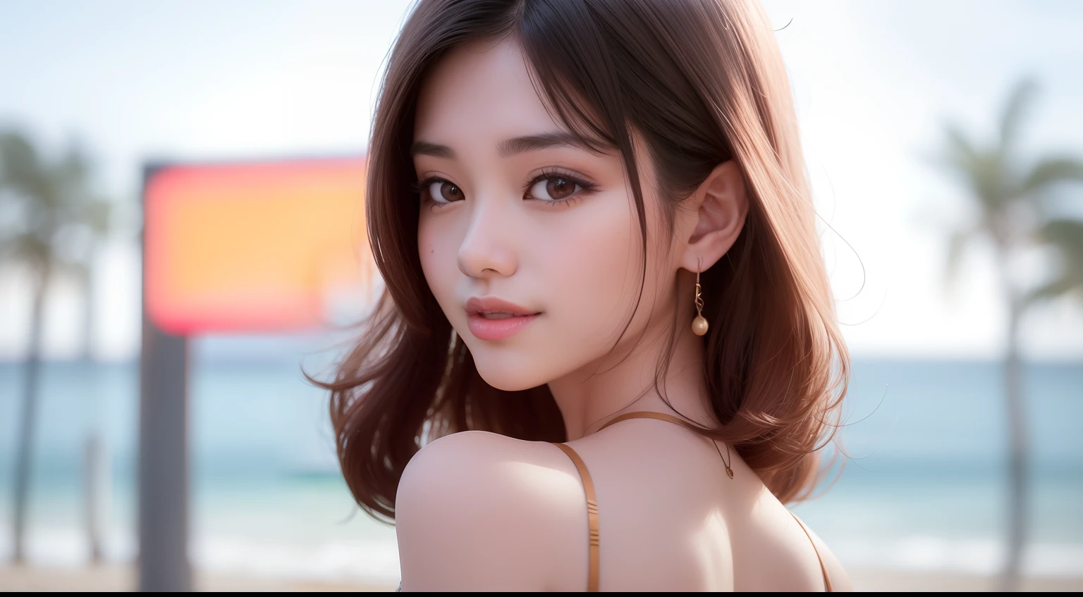 Ibiza Beach, sandy beach background, korean woman, one-piece, Very sexy woman, Light brown long hair, a delicate face, high resolucion, 8K, Extremely detailed, Beautiful detailed eyes, Best Quality, A highly detailed, Detailed face, Solo, 1 Girl, , A small mole under the big eye, large full breasts, Araffe asian woman with very big posing for beach photo, Gorgeous young Korean woman, soft portrait shot 8 k, Beautiful young korean woman, beautiful south korean woman, 8k artgerm bokeh, beautiful asian girl, beautiful asian woman, Korean Girl, gorgeous chinese models, a young beautiful woman, beautiful girl model, 8k portrait render