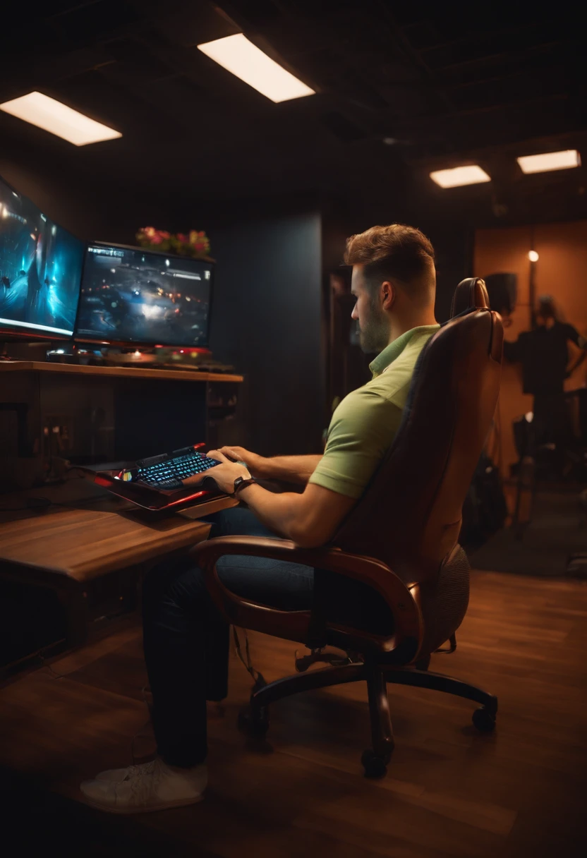 Man sitting in gaming chair playing computer games，The woman stood back and crossed her waist