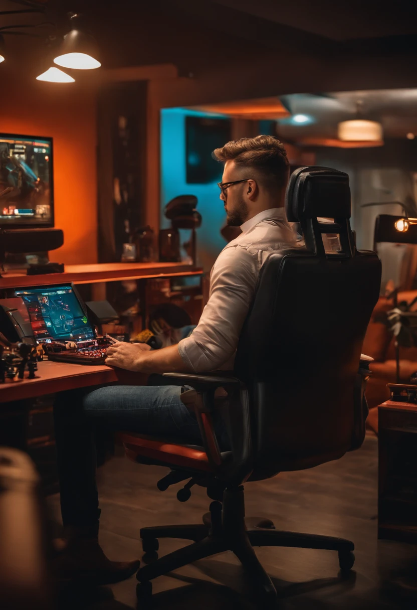 Man sitting in gaming chair playing computer games，The woman stood back and crossed her waist