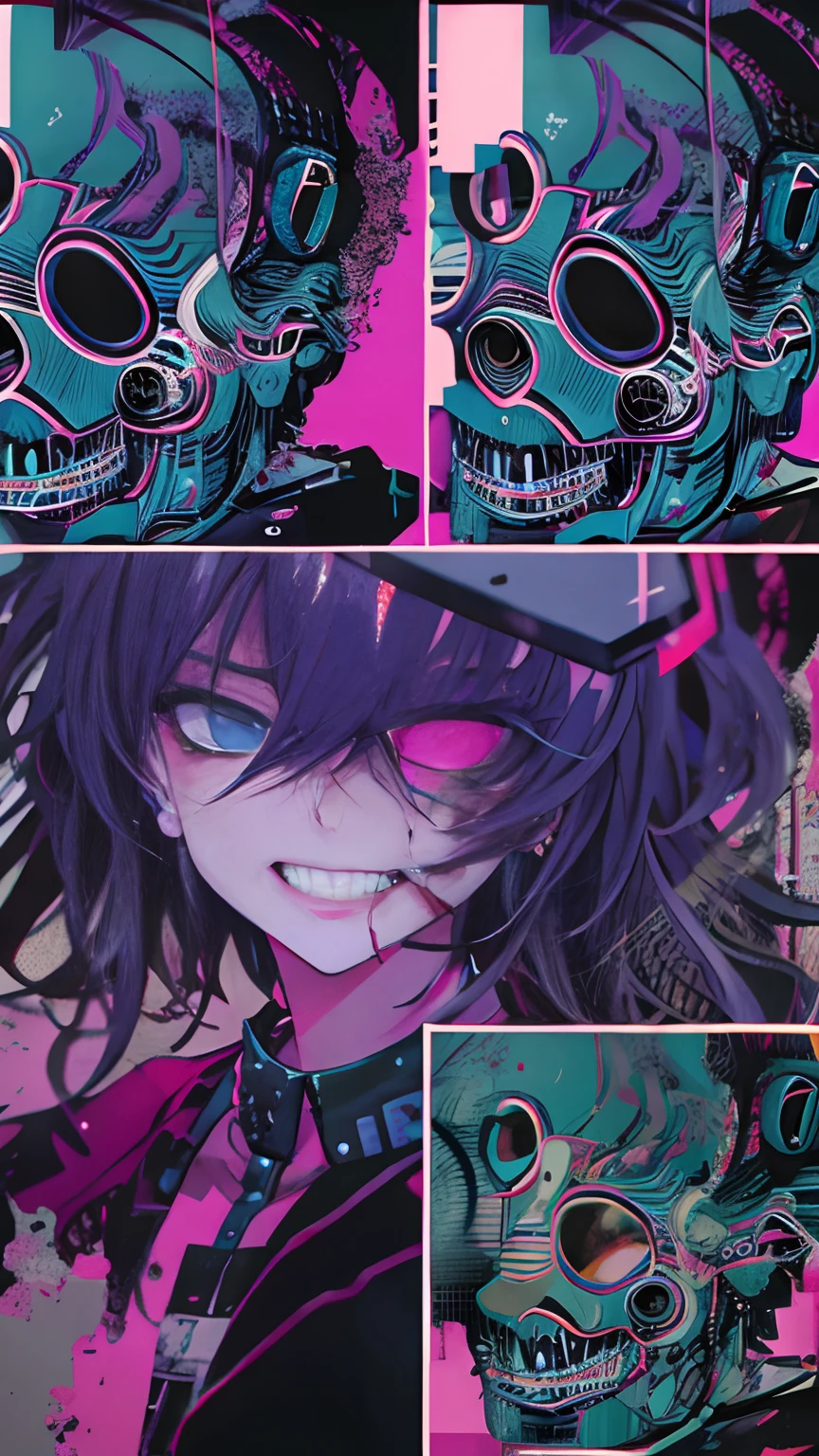 (masutepiece), Best Quality, Expressive eyes, face perfect,(gritty:0.9),(80's aesthetic:1.1),(neons:0.8),(Retro:0.9),(analogue:1.1),(独奏:0.8),(1 person:0.6),(Calavera:0.5),(Sunglasses:0.7),(shinigami:0.5),(Purple and pink color scheme:0.9),(glitched:1.1),(uproar:1.0),(Black and white:0.6),(Drooping Letters:0.8),(The aesthetics of vaporwave:1.2),(digital distortion:0.9),(macabre smile:0.7),(blood splash:0.8),(darkness:0.9),