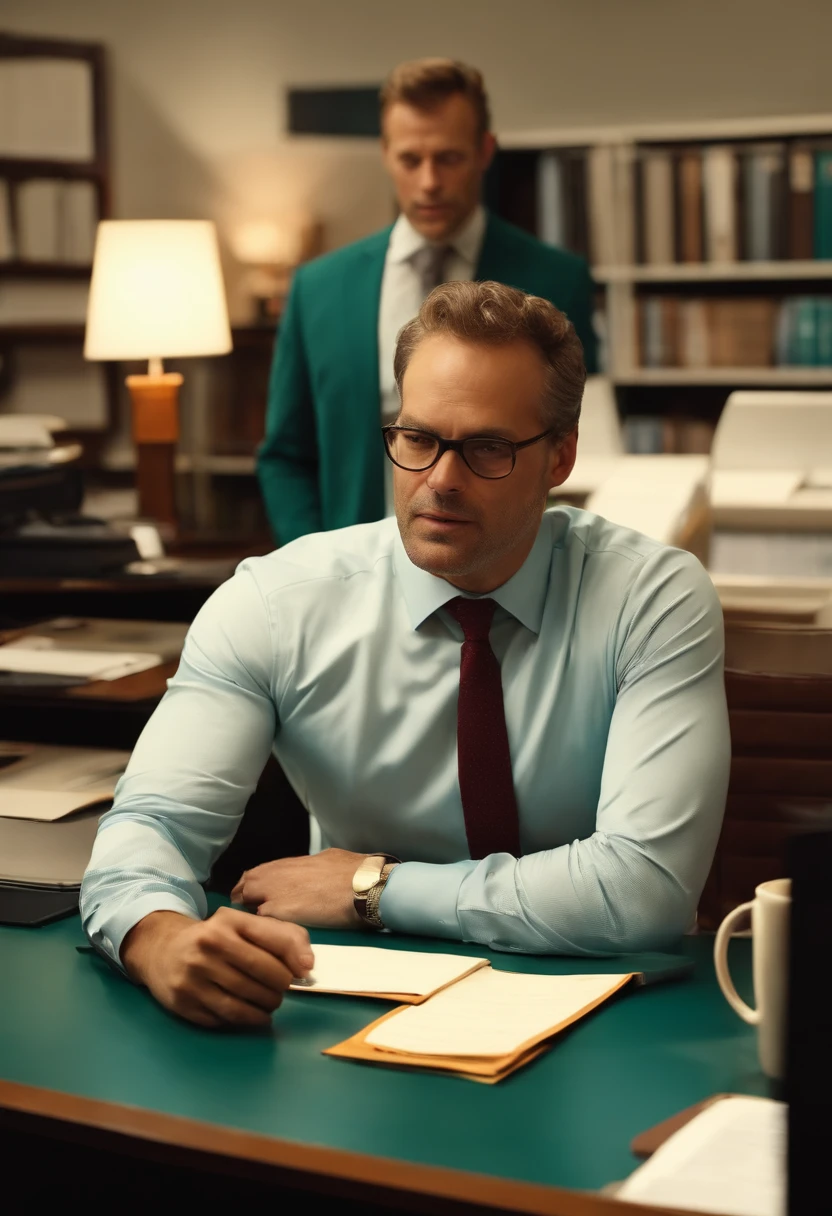 Homem de meia-idade de terno e gravata, Full body in the office talking to two guys