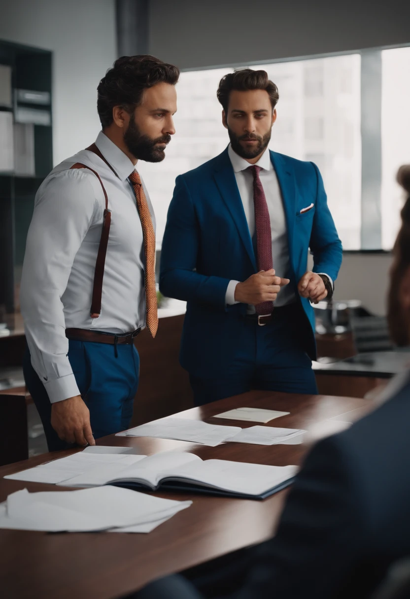 Homem de meia-idade de terno e gravata, Full body in the office talking to two guys