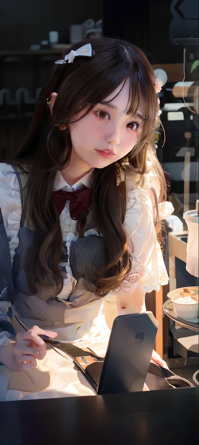 1 girl,Maid cafe, long hair,Brown hair,realistic, ultra detail,70mm lens