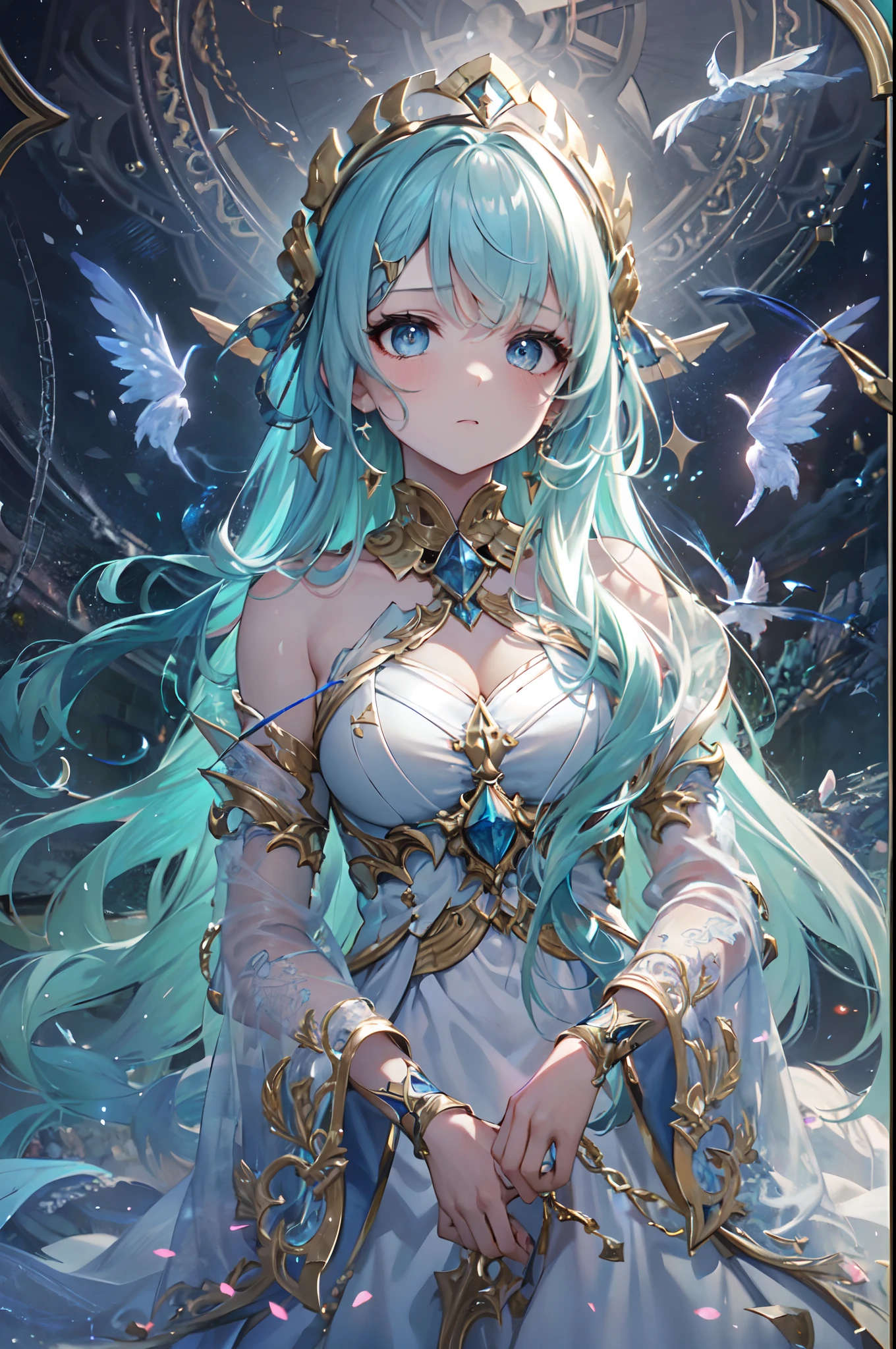 ​master piece, Best Quality,Ultra-detailed,Very detailed illustrations,Extremely detailed,Intricate details, hight resolution, super complex details, extremely detailed 8k CG wallpaper,Textured skin, Full body, beautiful  Girl , Soul Ghost ,Spiritist、 (1girl in:1.4), Solo, Alone ,A world from another dimension , Night Summoner , Dark,  Mysterious, god , Goddess ,White Dress, Light blue hair, Long hair, expressive hair, sanpaku , Nervous, worried, Random expressions ,long boots