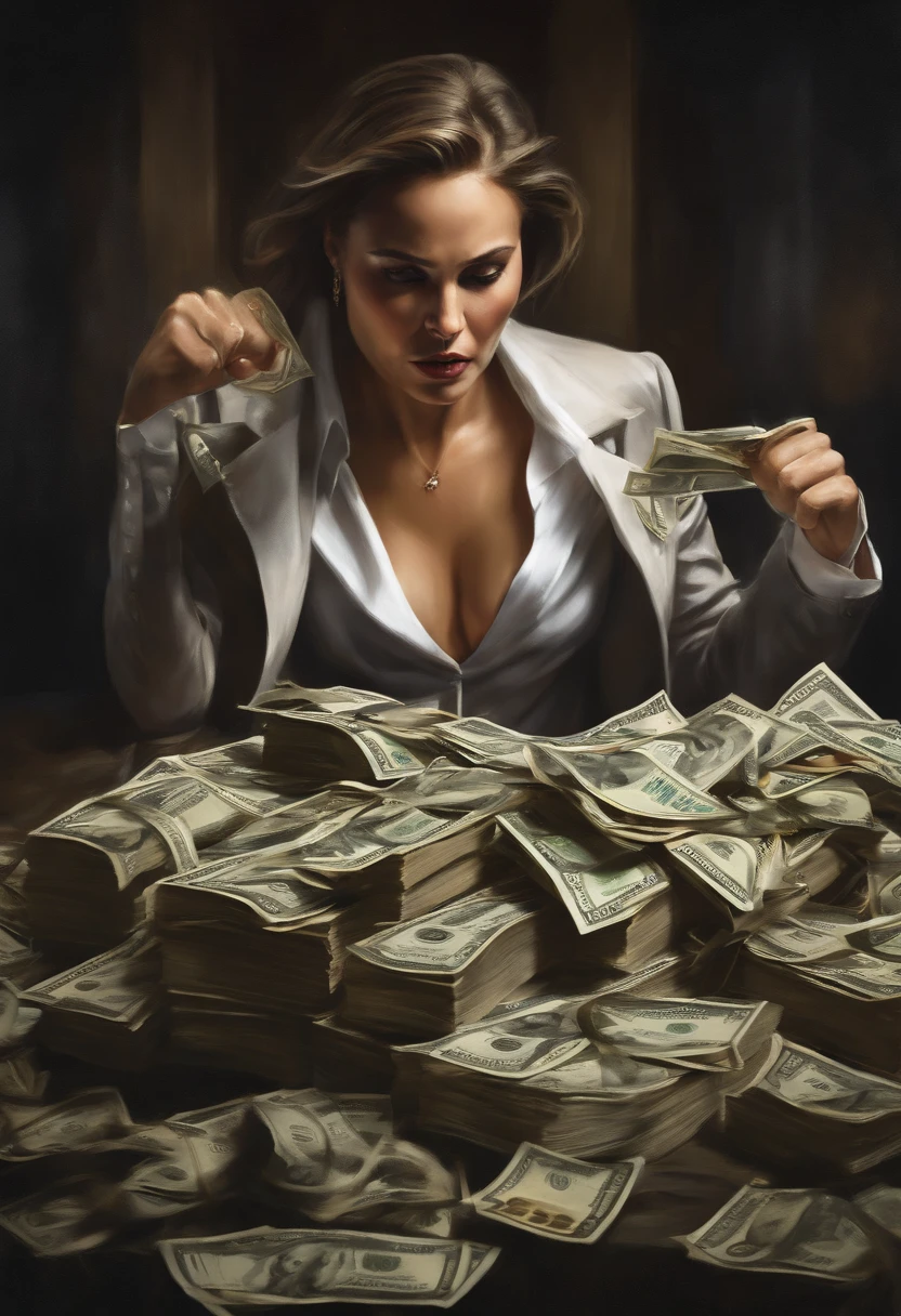 a woman fighting against money, oil painting, harsh brushstrokes, dramatic lighting, intense expression, determined eyes, clenched fists, sweat dripping down her face, wrinkled suit, broken chains, crumbling dollar bills, crumbling stock market graph, smoke rising in the background, black and white with a touch of gold, realism. (best quality, highres, ultra-detailed), (realistic:1.37), professional, vivid colors.