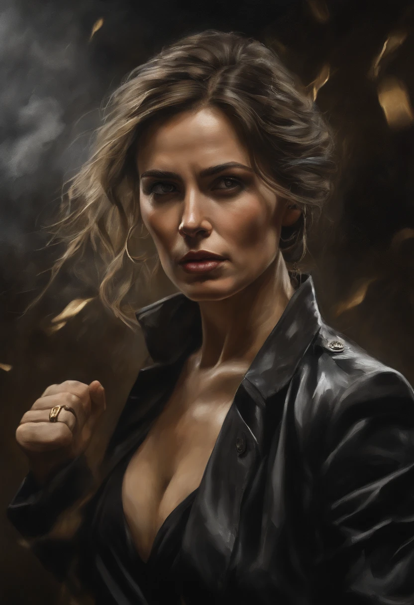a woman fighting against money, oil painting, harsh brushstrokes, dramatic lighting, intense expression, determined eyes, clenched fists, sweat dripping down her face, wrinkled suit, broken chains, crumbling dollar bills, crumbling stock market graph, smoke rising in the background, black and white with a touch of gold, realism. (best quality, highres, ultra-detailed), (realistic:1.37), professional, vivid colors.