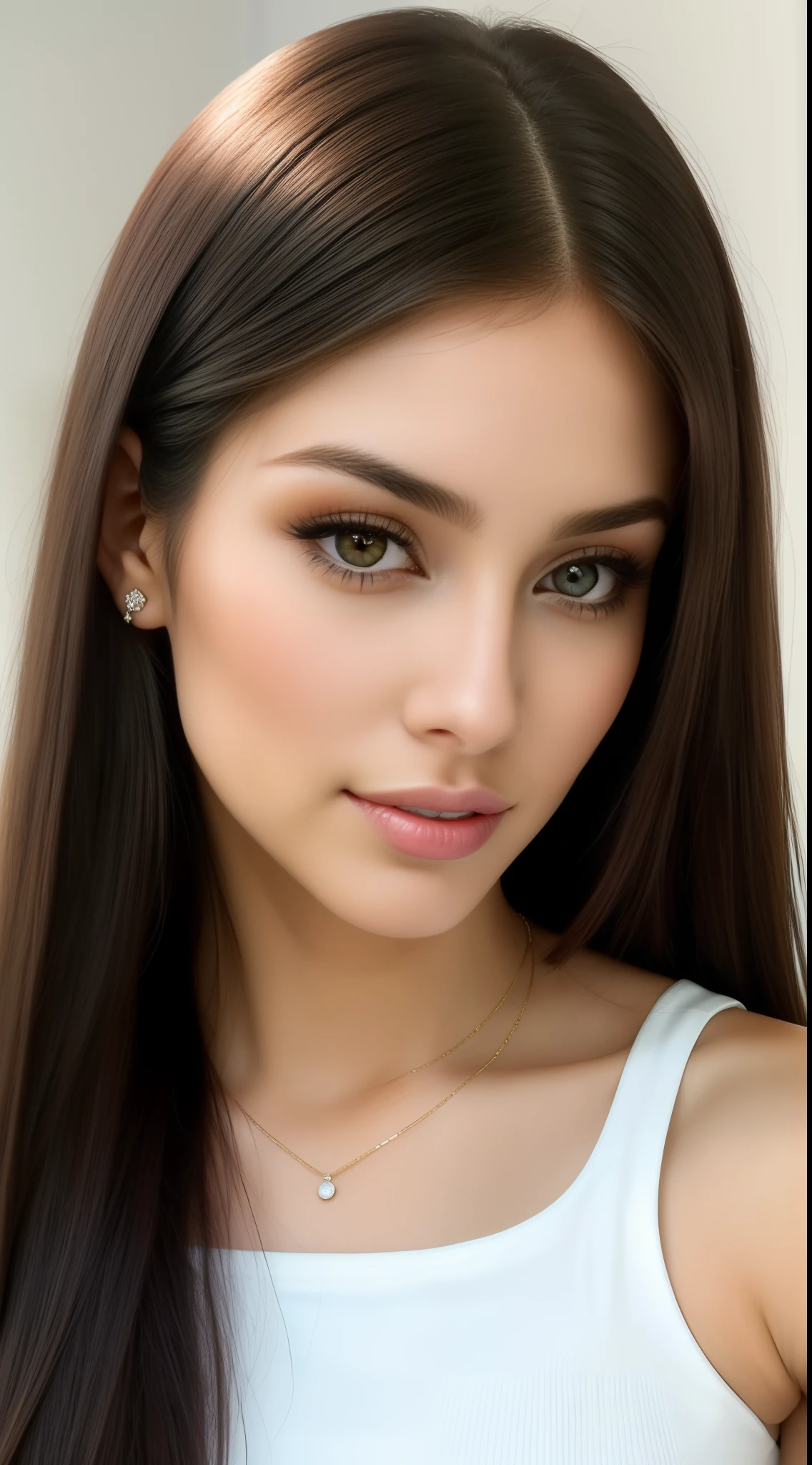 a close up of a woman with long hair and a white top, Extremely beautiful face, gorgeous latina face, gorgeous attractive face, Attractive beautiful face, Very beautiful face, Attractive female face!!!, Gorgeous face, flawless olive skin, Stunning face, Perfect face ), gorgeous beautiful woman, very pretty look face, ultra beautiful face, most beautiful woman on earth, feminine beautiful face