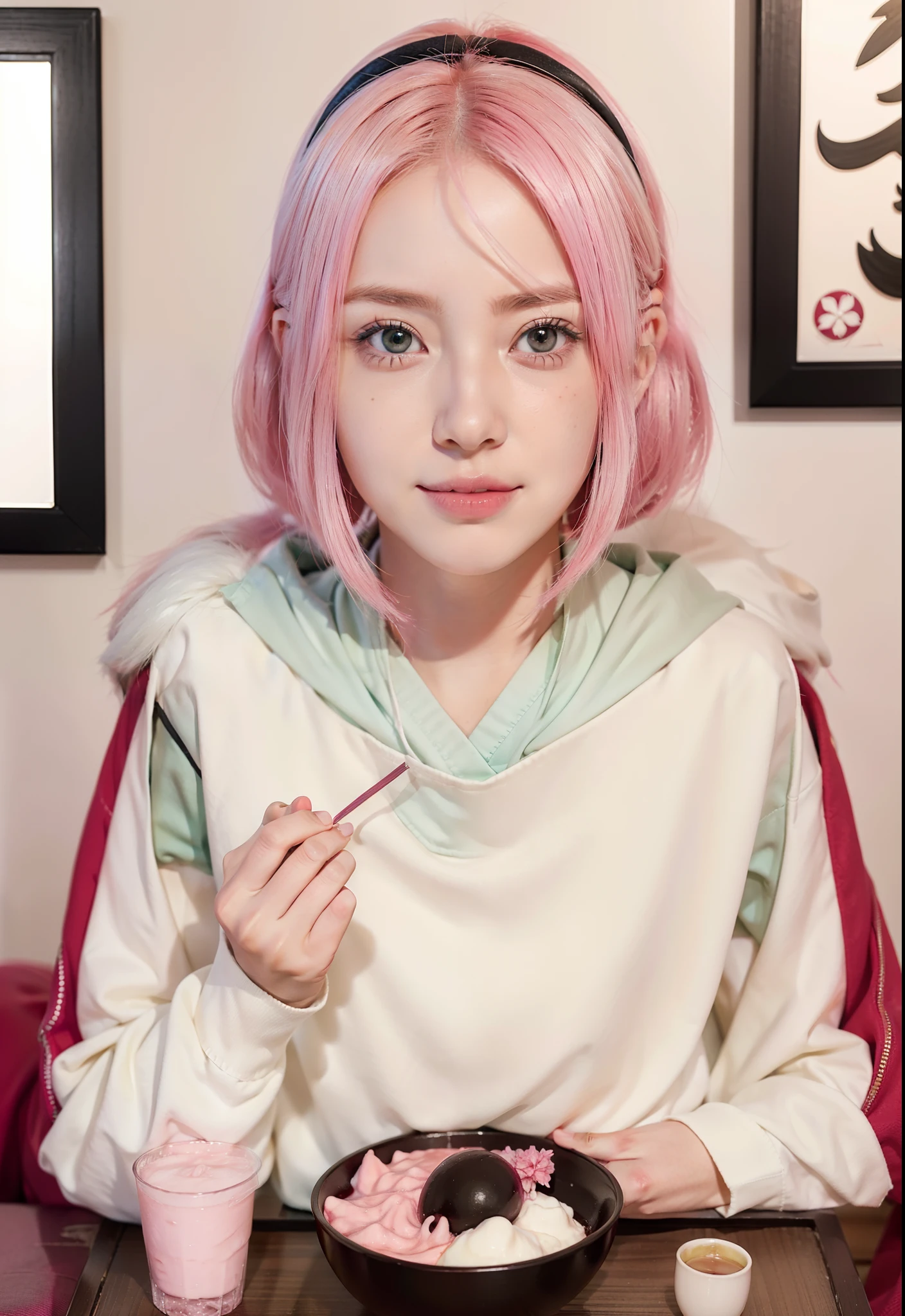 real Life adaption of this character,her name is sakura haruno from anime boruto ,hyper realistic ,detailed pink hair , high resolution, photorealistic,very detailed,realistic outfit, detailed shining green eyes color,Japanese cute girl face,smiling expression,realistic food and drink on table,(realistic same outfit)