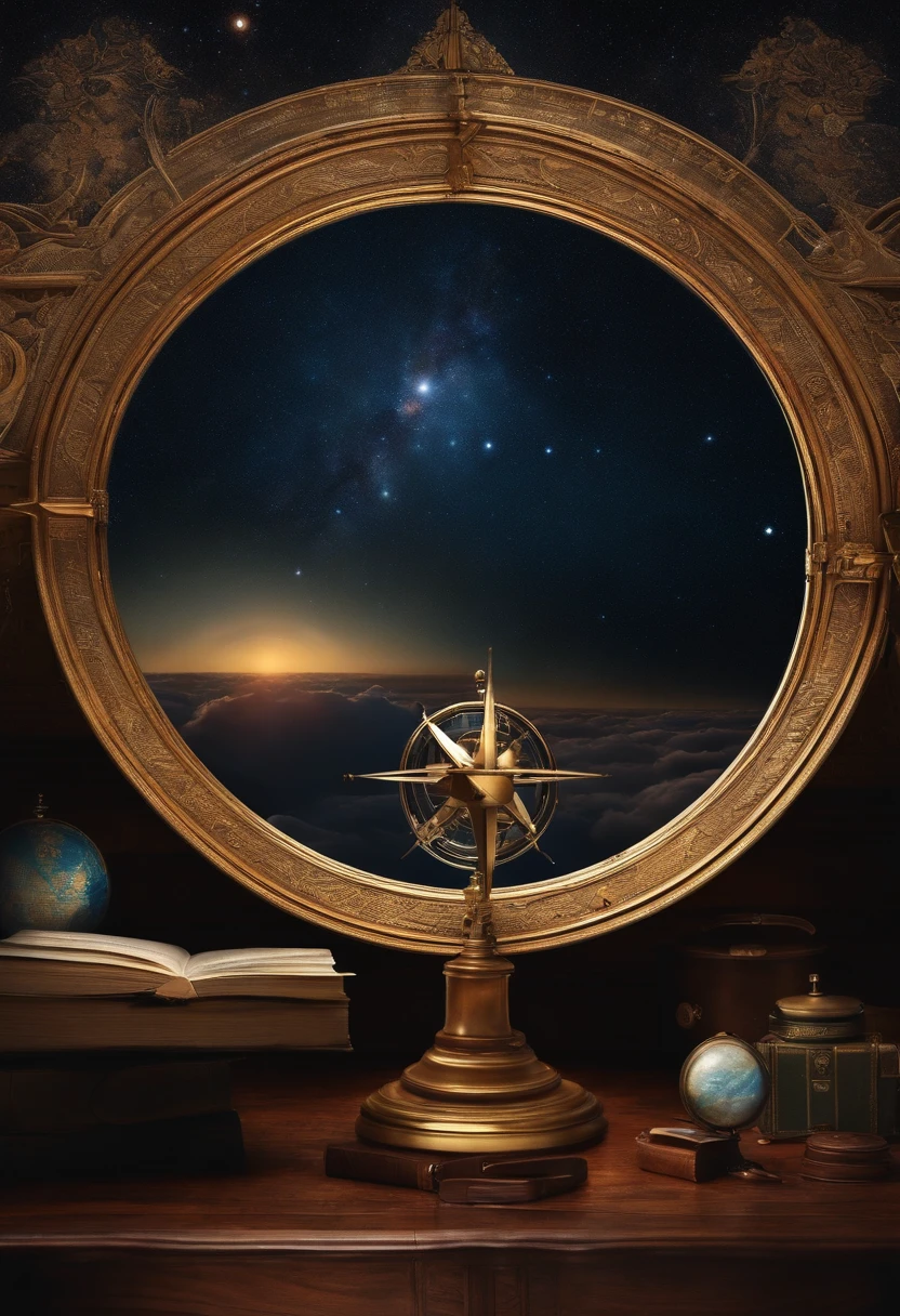a cover of an astronomy book, on it we have a large celestial atlas on a table, along with binoculars and a compass