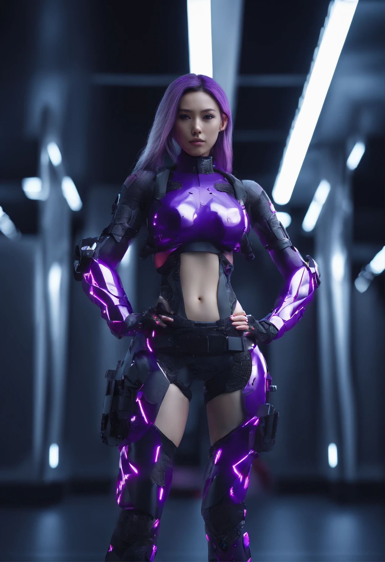 ((of the highest quality, 8K,RAW photo)), (Realistic, Photorealistic: 1.37), (Face focus: 1.1), Small breasts, Flat chest, Long hairs,、20yr old、(Dark purple concept sportswear: 1.4)、Full body concept trainers standing facing the camera Cinematic lighting,((Best quality)), ((masterpiece)), (detailed:1.4), 3D, an image of a beautiful cyberpunk female, wearing tech armor, highly detailed, (long shapeless hair), big breasts, HDR (High Dynamic Range),Ray Tracing,NVIDIA RTX,Super-Resolution,Unreal 5,Subsurface scattering,PBR Texturing,Post-processing,Anisotropic Filtering,Depth-of-field,Maximum clarity and sharpness,Multi-layered textures,Albedo and Specular maps,Surface shading,Accurate simulation of light-material interaction,Perfect proportions,Octane Render,Two-tone lighting,Wide aperture,Low ISO,White balance,Rule of thirds,8K RAW